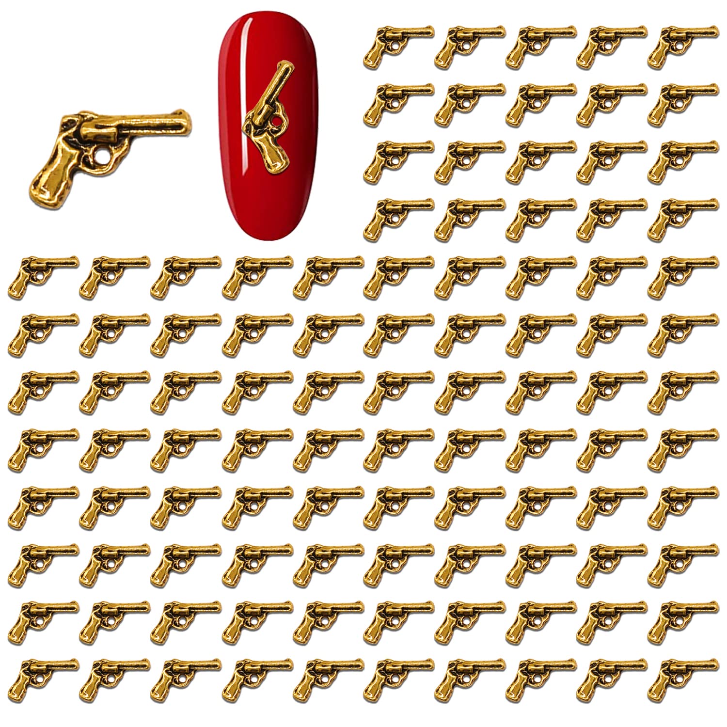 WOKOTO 100pcs Antique Gold Gun Charms for Nail Art - 3D Nail Jewelry for Women, Punk Style Nail Decorations - Perfect for Acrylic Nails, Manicures, and Creative Nail Designs | Great for Parties, Halloween, and Themed Nail Art