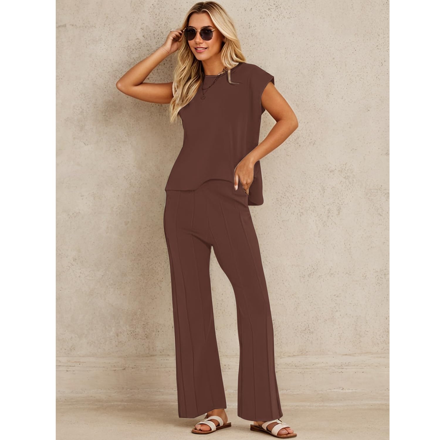 JN JANPRINT Women's 2-Piece Jogging Suit Set - Knit Sweater with Flutter Sleeve Tops & Elastic Wide Leg Pants - Lounge Wear, Casual Outfit, Yoga & Home Relaxation