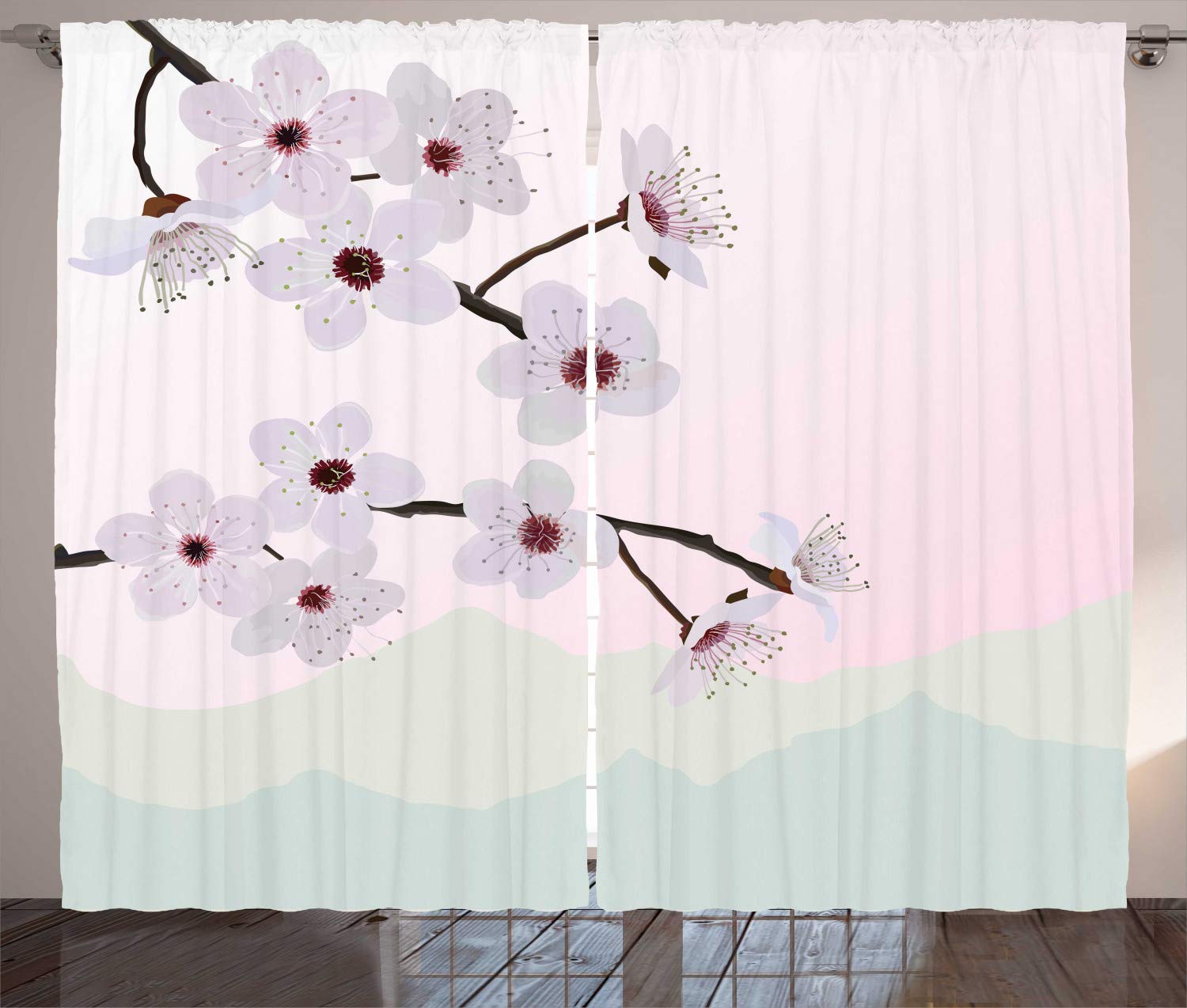 Ambesonne Almond Blossom Curtains - Pink Floral Tree Design Mountain Scenery Window Drapes, 2 Panel Set 108