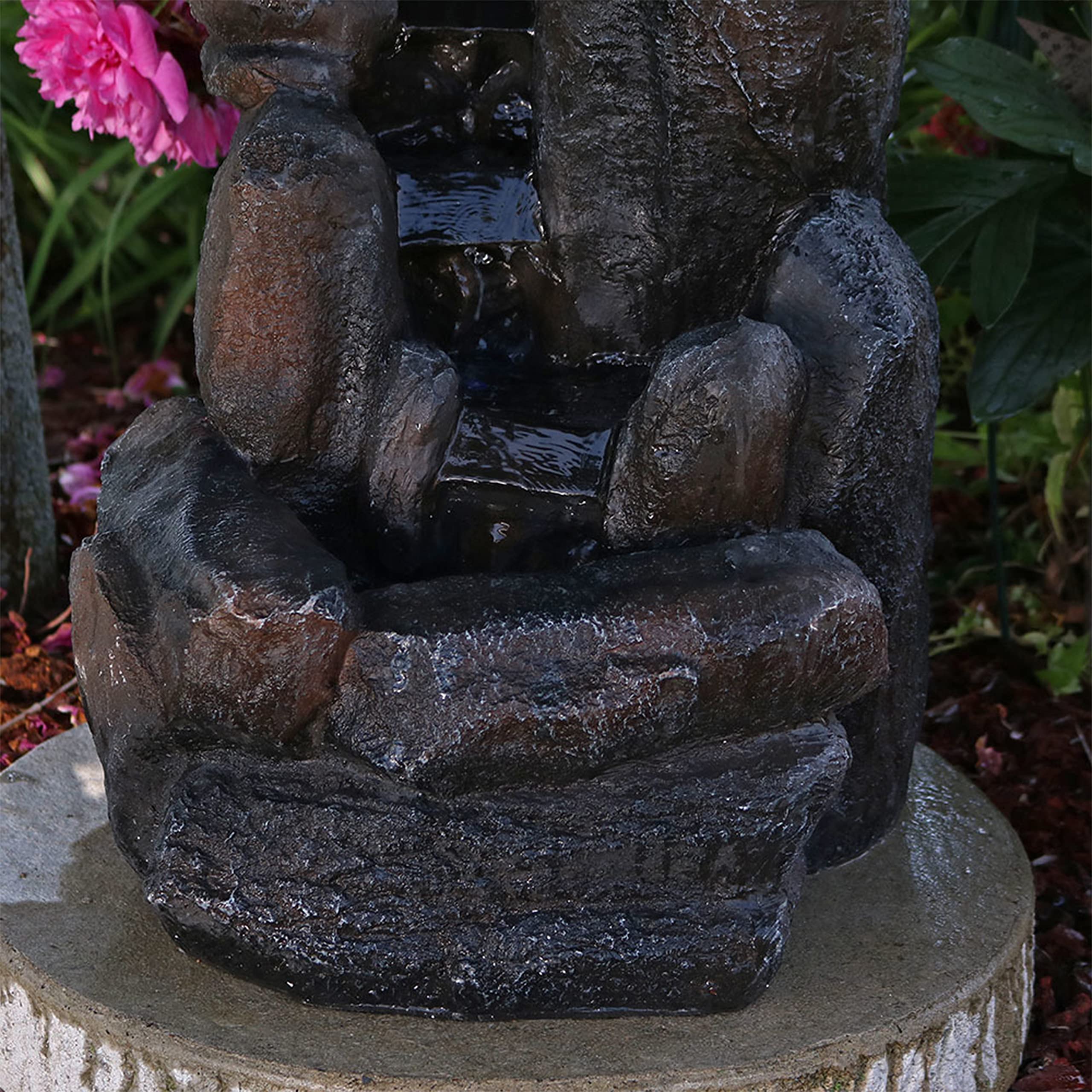 Sunnydaze Rock Falls 22-Inch Solar Fountain with Battery Backup & LED Lights - Submersible Water Pump - Durable Polyresin & Fiberglass Design - Perfect for Garden, Patio, and Outdoor Decor