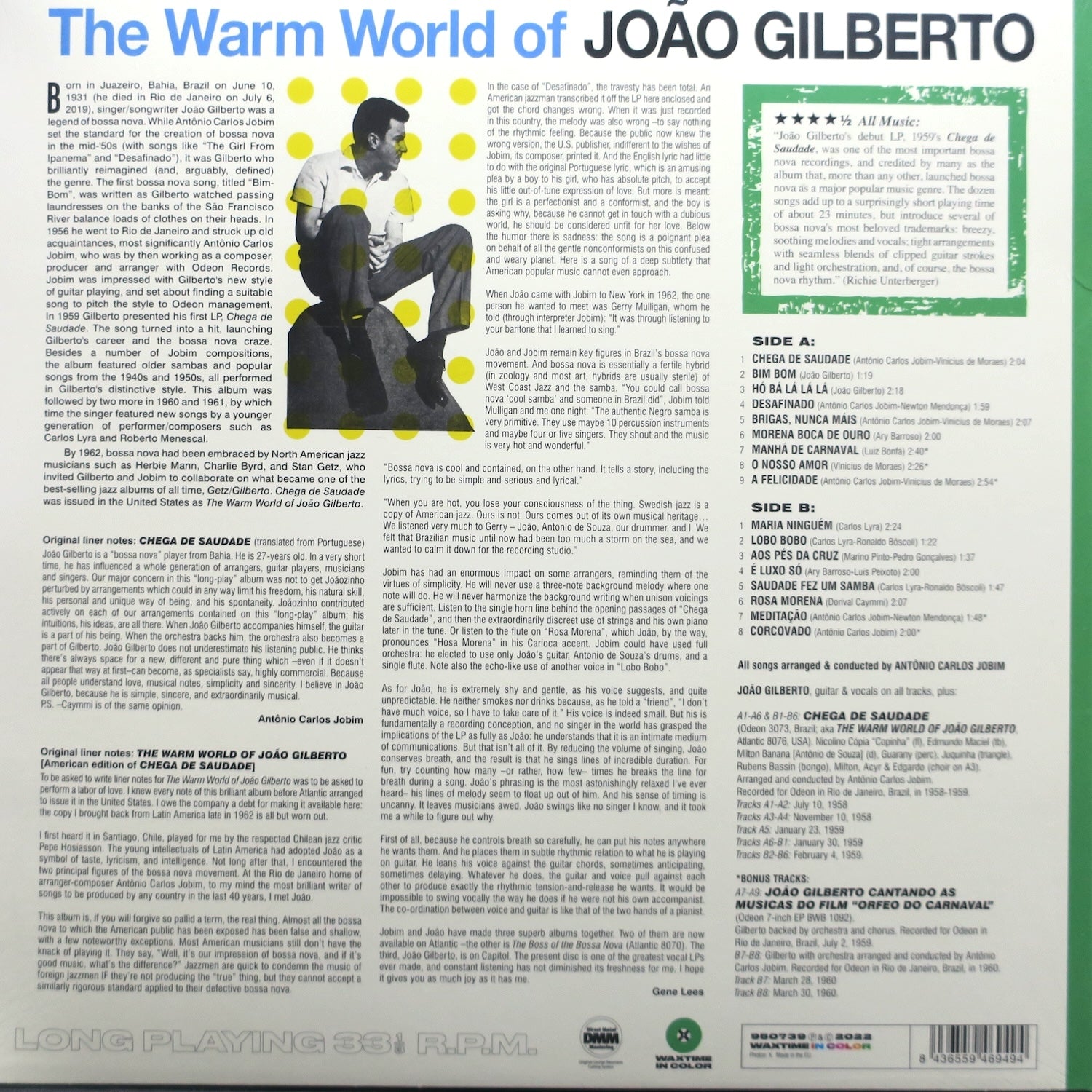 Joao Gilberto 'Warm World of Joao Gilberto' 180g Green Vinyl LP | 1963 Bossa Nova Jazz Record | Limited Edition Collector's Item for Music Lovers & Vinyl Enthusiasts | Perfect for Relaxing Evenings & Brazilian Music Collections