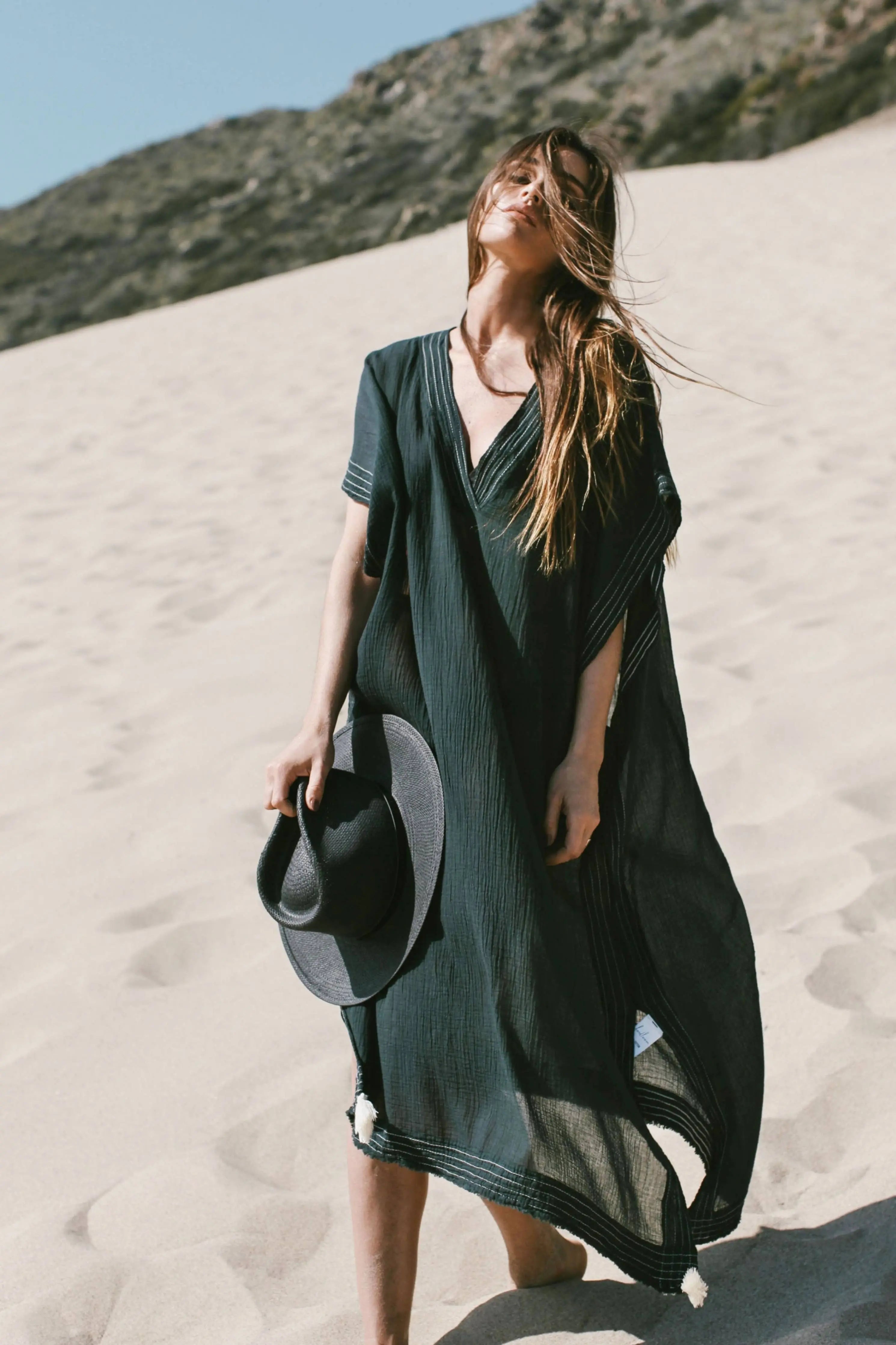 Ela Kaftan Black Beach Cover Up - One Size Flowy Summer Dress for Women | Perfect for Poolside, Vacation & Boho Fashion