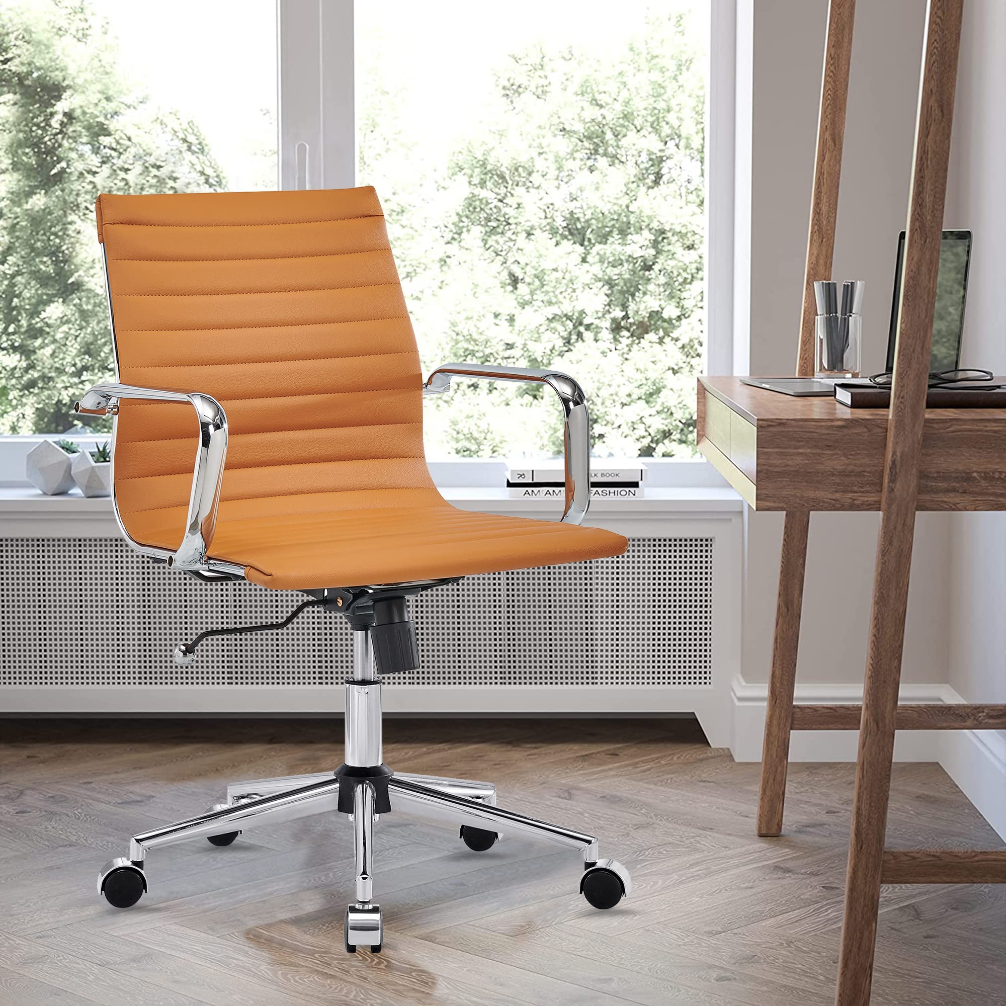 Ergonomic Leather Office Chair - Modern Swivel Executive Desk Chair with Ribbed Design for Home Office & Conference Room | Comfortable Rolling Task Chair for Computer Work & Long Hours Sitting
