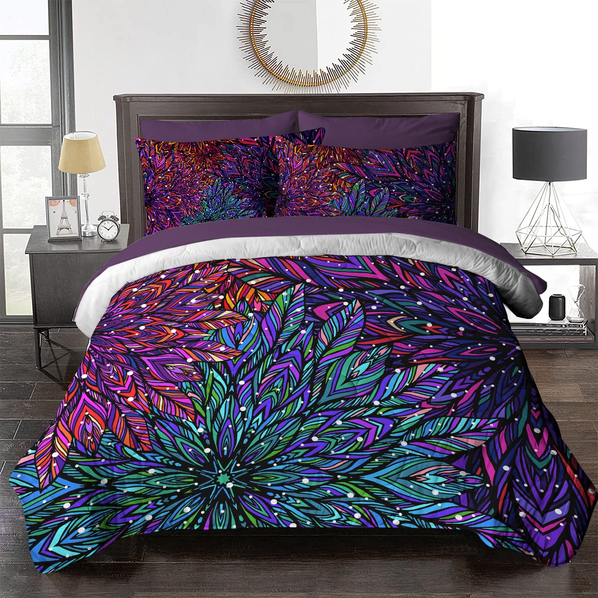 BlessLiving Mandala Comforter Set - 8 Piece Colorful Floral Patchwork Printed Bedding Set (Purple Pink) - Twin Size Bed in a Bag with Comforter, Sheets, Pillowcases, Shams & Cushion Cover - Perfect for Boho Chic Bedroom Decor, Guest Room & Dorm Room Essentials
