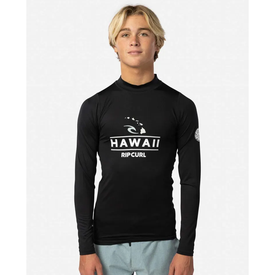 Rip Curl Hawaii Long Sleeve Performance Fit PF Rash Guard for Men & Women - UPF 50+ Sun Protection, Quick Dry Swim Shirt for Surfing, Swimming, Diving & Beach Activities - Black