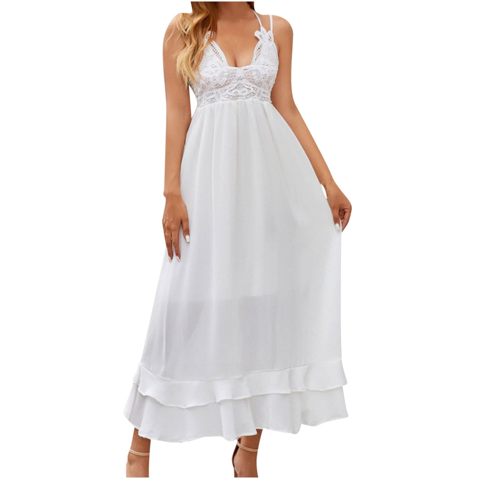 Elegant Women's Chiffon Maxi Dress for Wedding Guest - Bohemian Lace Patchwork Sundress with Spaghetti Straps, Backless & Sleeveless Design | Perfect for Beach Vacations, Summer Parties and Formal Occasions