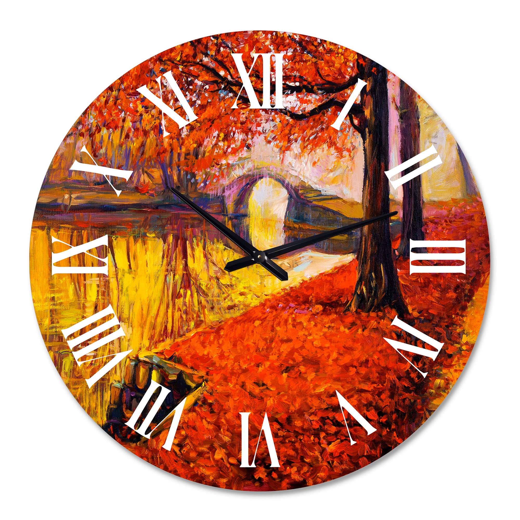 DesignQ Traditional Wall Clock - Orange Autumn Landscape with Little Bridge - Large Nature-Inspired Wall Clock for Home & Office Decor - Perfect for Living Room, Bedroom, and Workspace