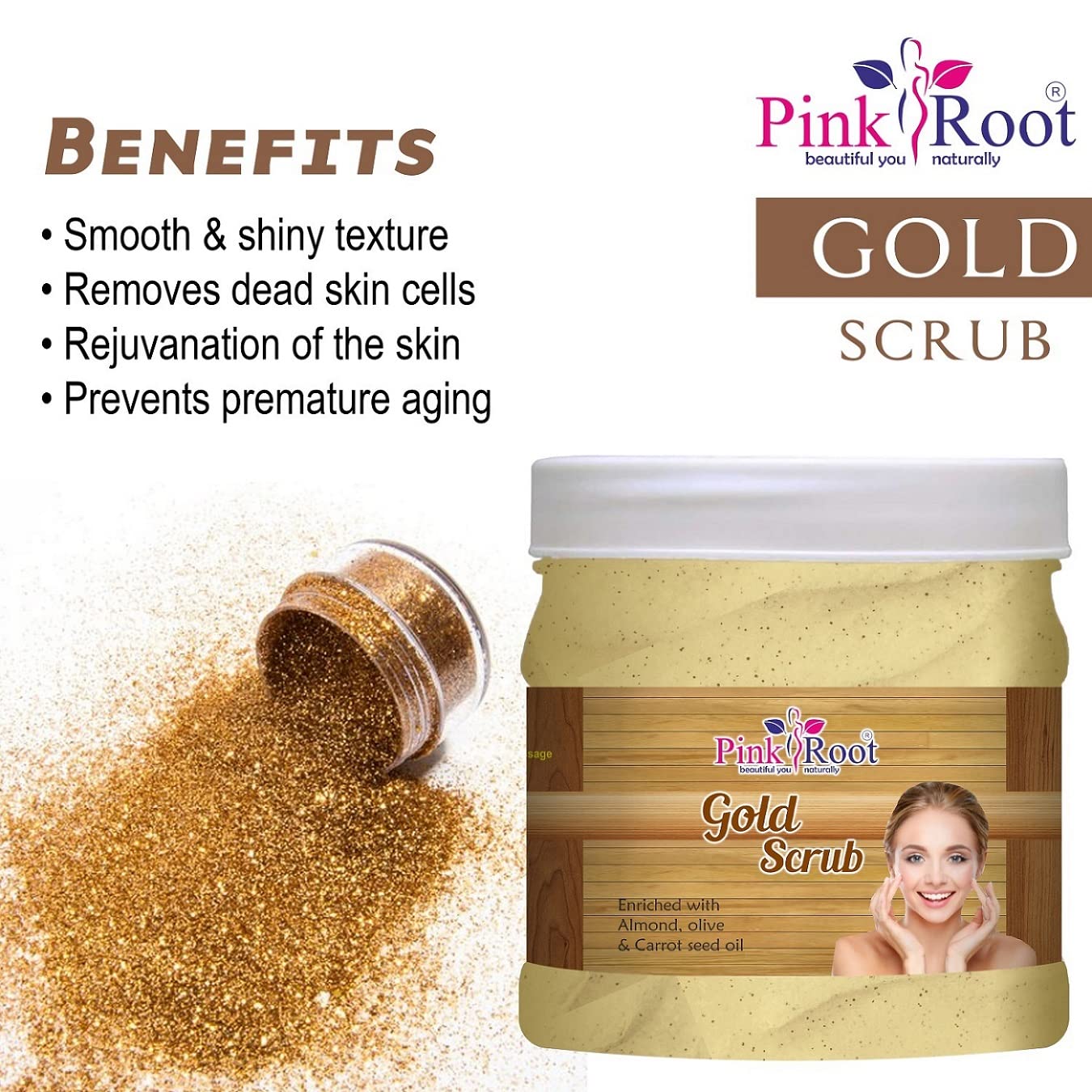 Pink Root Gold Scrub with Almond, Olive & Carrot Seed Oil - 500gm Exfoliating Face & Body Scrub for Glowing Skin - Perfect for Dry Skin Care & Spa Treatment at Home