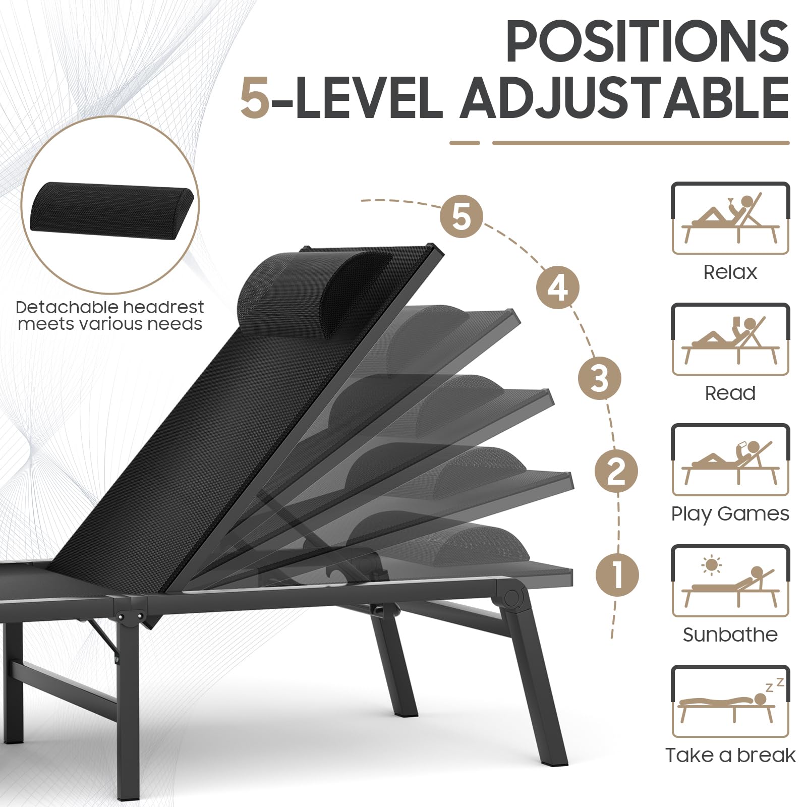 **WOAJN 2-Pack Aluminum Patio Chaise Lounge Chairs - 5-Position Adjustable Backrest, Foldable & Lightweight for Outdoor Use - Perfect for Poolside, Lawn, Deck, Beach, and Backyard Relaxation**