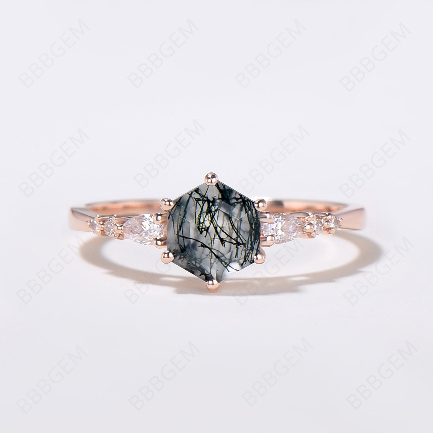 Hexagon Black Rutilated Quartz Ring with Milgrain Detailing & Moissanite Accents - Elegant Boho Jewelry for Women, Perfect for Weddings, Parties & Everyday Wear