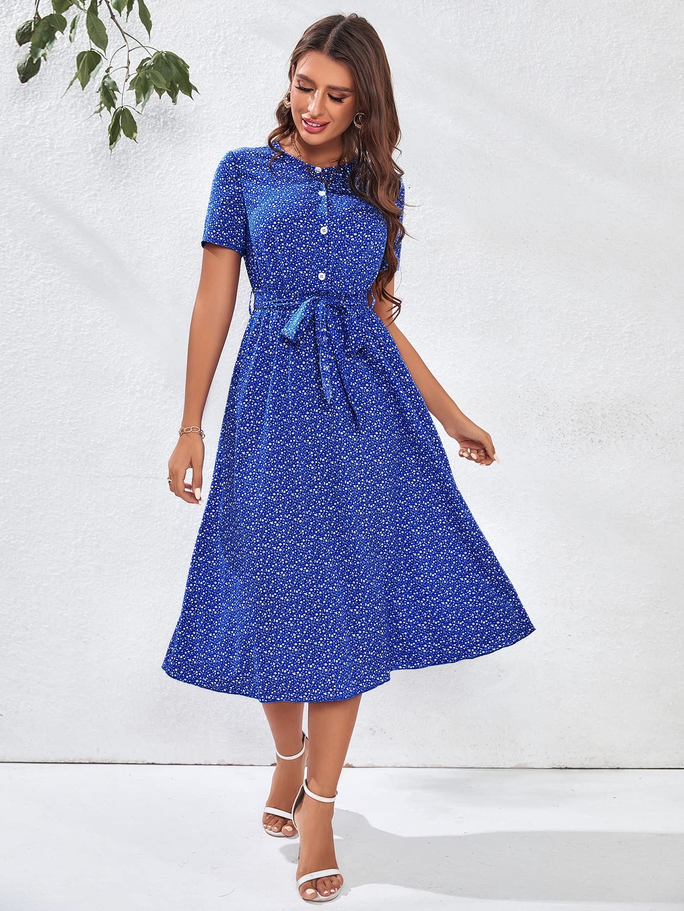 Women's Floral Summer Dress 2022 - Button Front, Belted Midi Dress in Blue, Size Medium | Perfect for Beach Vacations, Brunch Dates & Casual Outings
