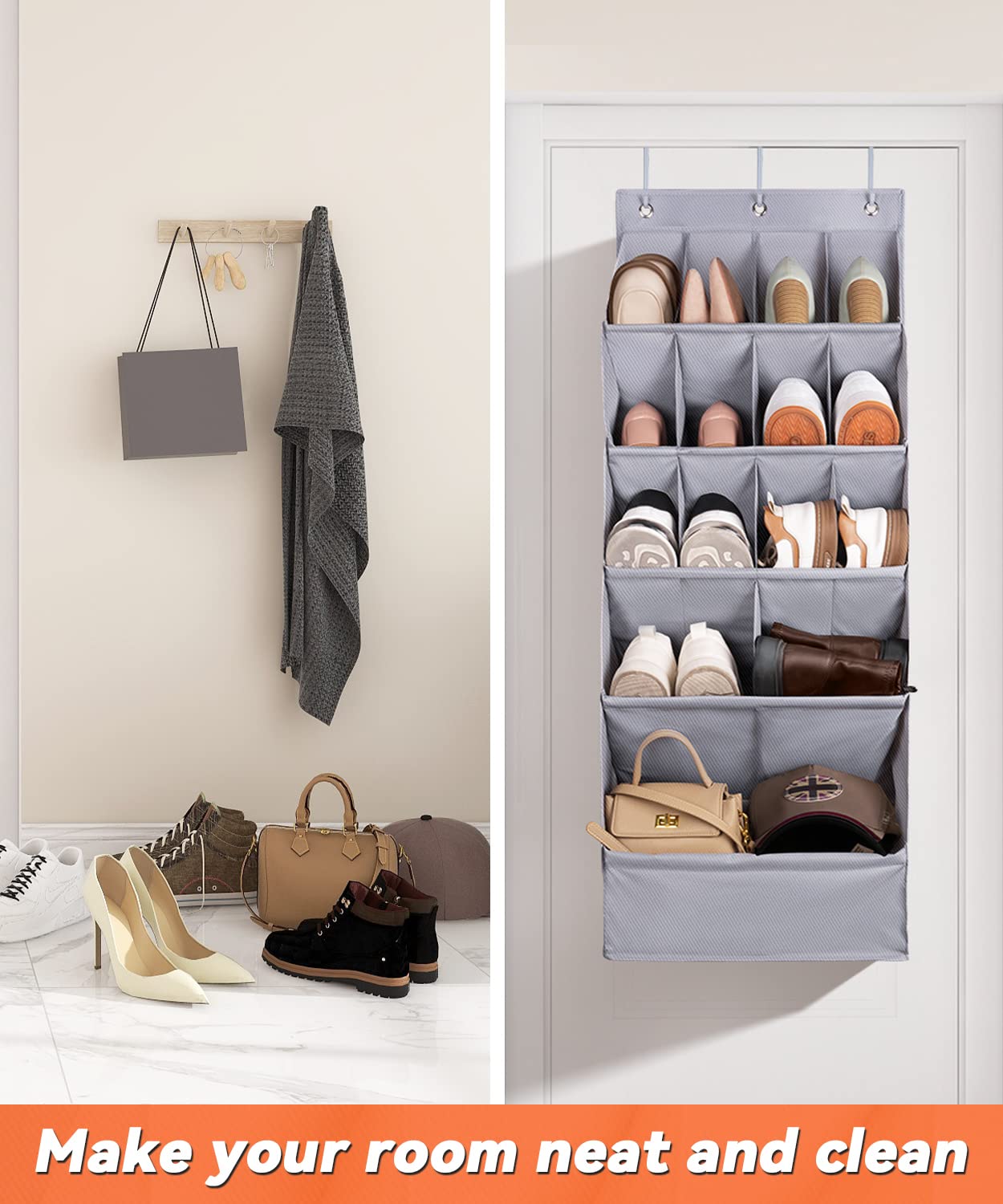 FENTEC Over the Door Shoe Organizer with 15 Large Pockets - Hanging Shoe Rack for Closet, Wall Mount Storage - Gray Space Saving Shoe Holder for Bedroom, Entryway & Dorm Organization