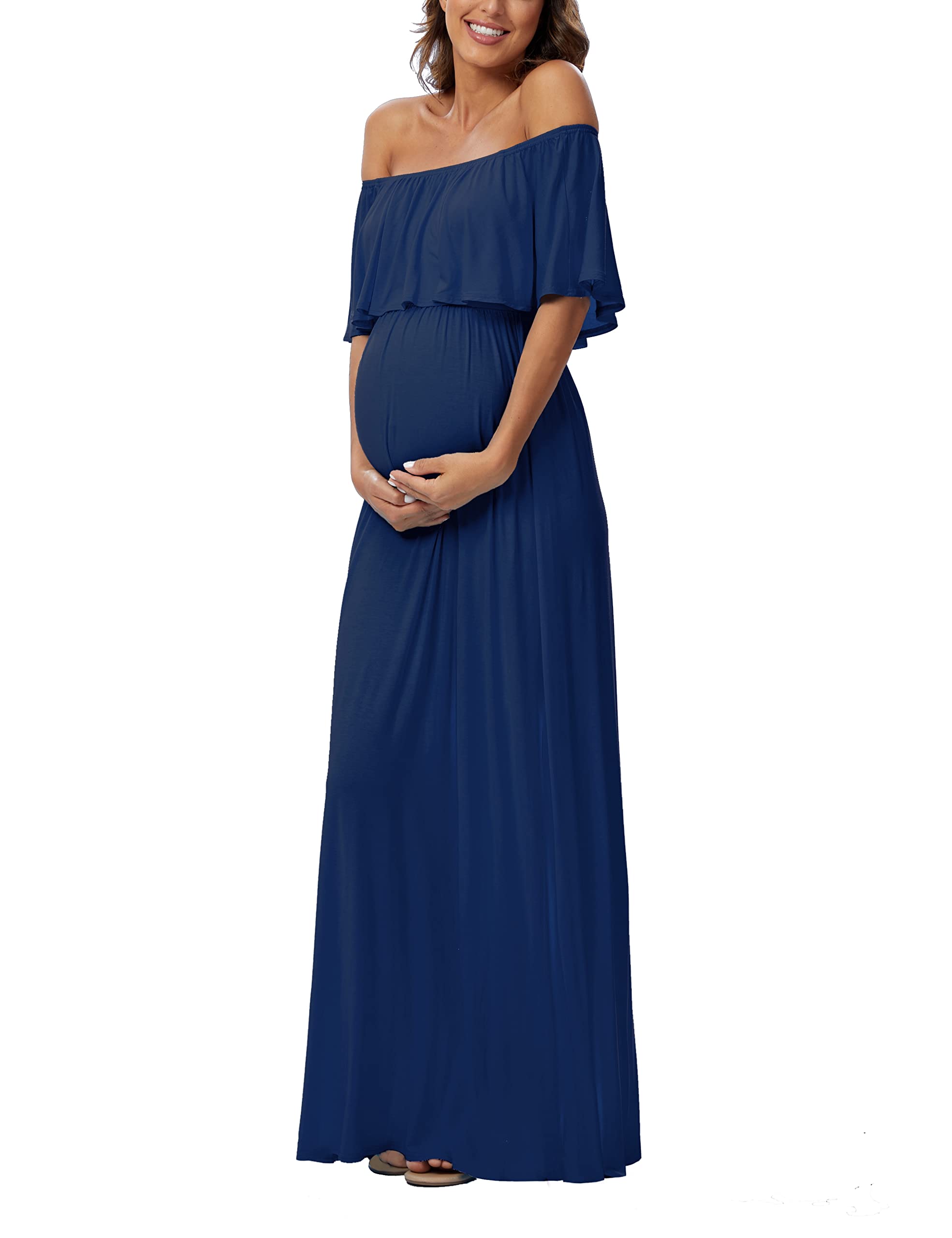 Off The Shoulder Ruffle Maternity Maxi Dress - Long Flowy Photoshoot & Baby Shower Dress for Pregnancy Photos, Maternity Shoot & Special Occasions