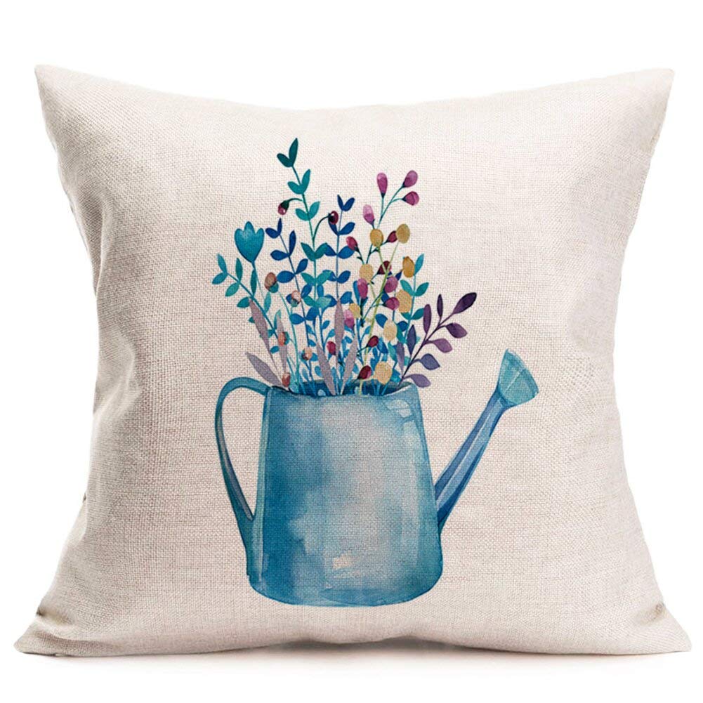 Xihomeli 18x18 Inch Cotton Linen Throw Pillow Covers - Blue Watering Can Floral Design Hand-Painted Farmhouse Decor for Living Room, Bedroom, Sofa (Blue Pot, 18x18)
