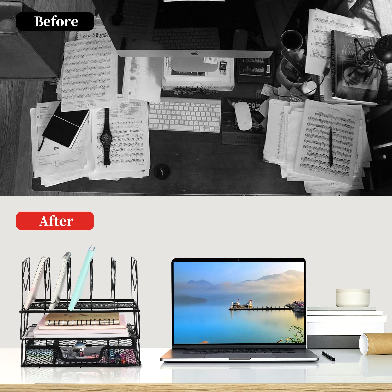 Gianotter Black Desk Organizer with Sliding Drawer, Double Tray & 5 Upright Sections - Office Supplies for Home & Office Workspace - Perfect for Organizing Pens, Papers, Files & Stationery