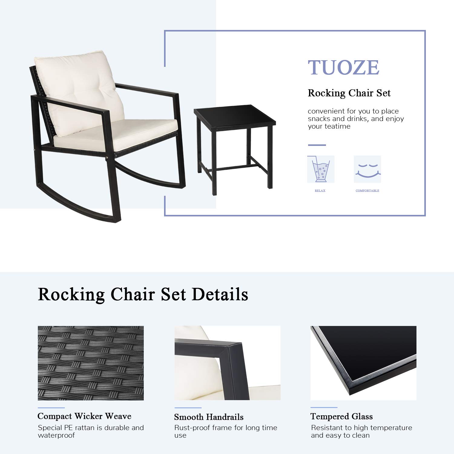 Tuoze Outdoor Patio Furniture Set - 3-Piece Wicker Bistro Conversation Set with Rocking Chairs & Glass Coffee Table, Beige - Perfect for Garden, Backyard, Poolside or Balcony Relaxation