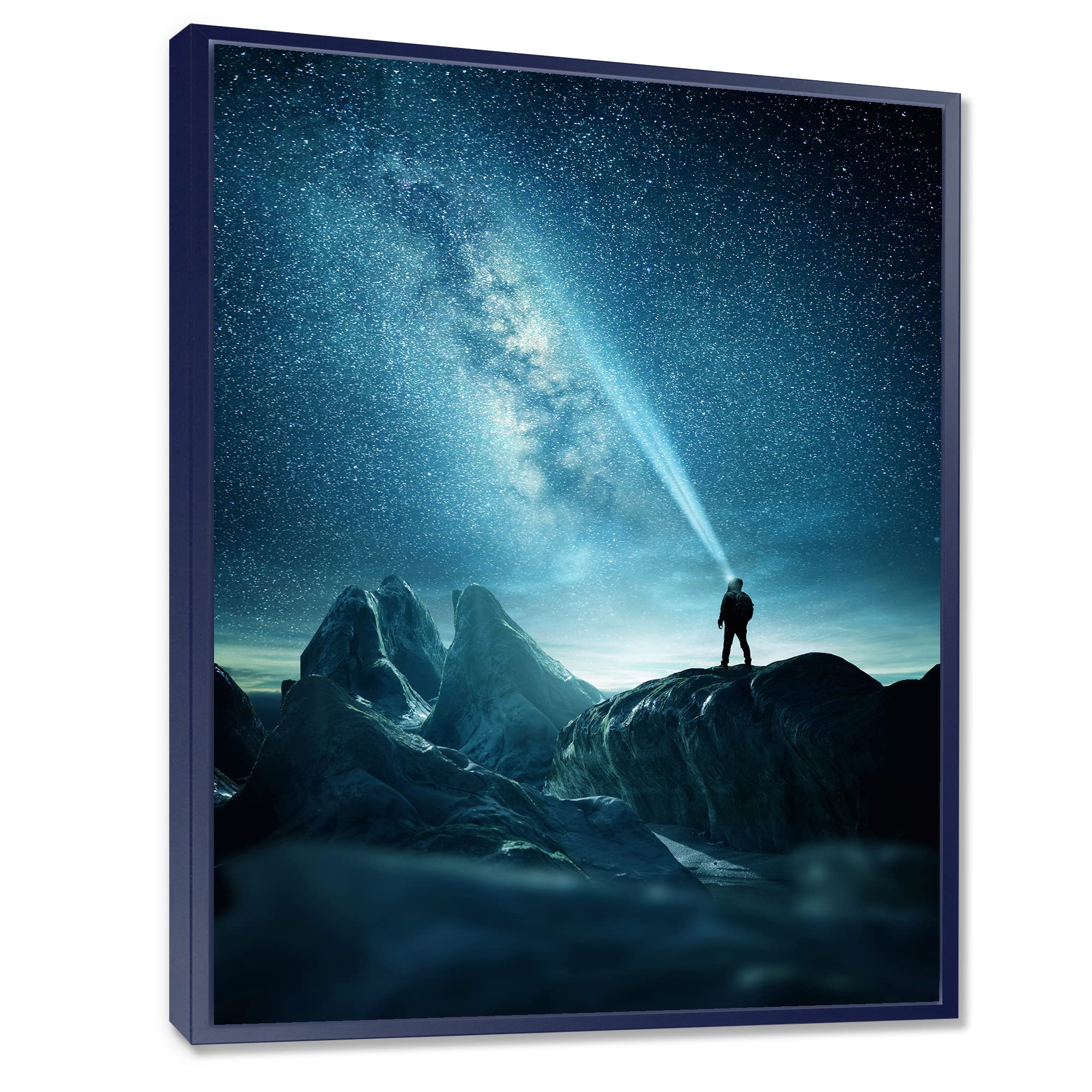 DesignQ Modern Framed Canvas Wall Art - Man Shining Light into Night Sky - Home & Office Decor for Living Room, Bedroom, Study