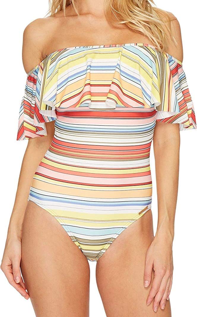 Vince Camuto Women's Off The Shoulder Ruffle One Piece Swimsuit with Removable Cups - Sexy Beach Swimwear for Pool Party & Vacation