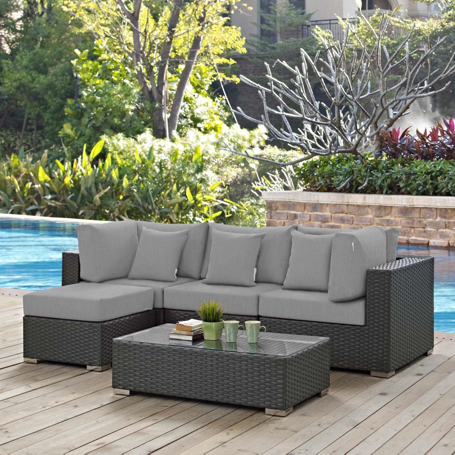 Modway Sojourn 5-Piece Wicker Rattan Outdoor Patio Sectional Set with Sunbrella Cushions in Canvas Gray - Perfect for Backyard, Poolside & Garden Relaxation