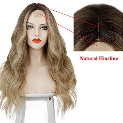 Long Straight Ombre Brown Wig with Middle Part - Natural Looking Synthetic Hair for Daily Wear & Cosplay