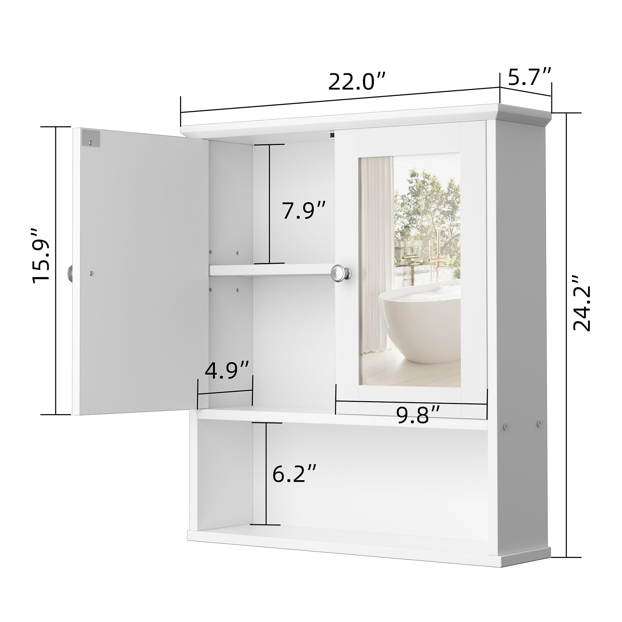 Shintenchi White Wooden Bathroom Medicine Cabinet with Mirror & Adjustable Shelves - Wall Mounted Storage Cupboard for Bathroom, Bedroom & Living Room Organization