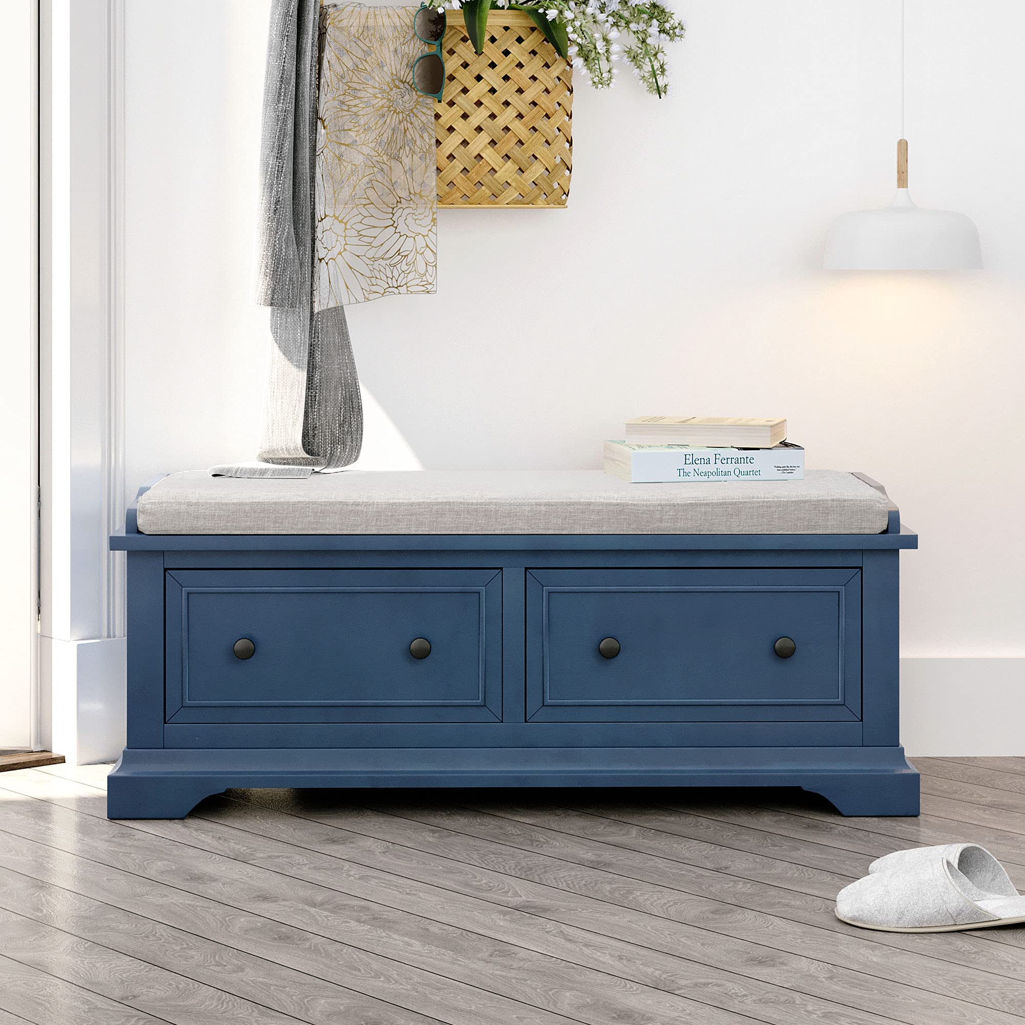 Solid Wood Fully-Assembled Shoe Storage Bench with 2 Large Drawers & Removable Linen Blend Cushion - Entryway Hallway Living Room Furniture (Navy + Wood) - Perfect for Organizing Shoes, Coats & Home Decor in Small Spaces