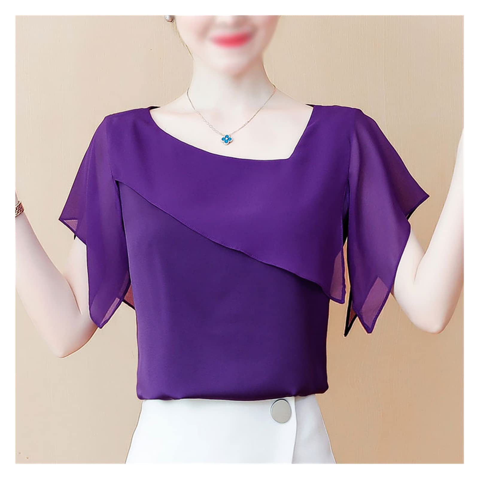 Summer Tops for Women - Short Sleeve Chiffon Blouse Shirt, Lightweight & Breathable Femme Top (Color A, Size L) | Perfect for Beach Outings, Date Nights & Office Wear