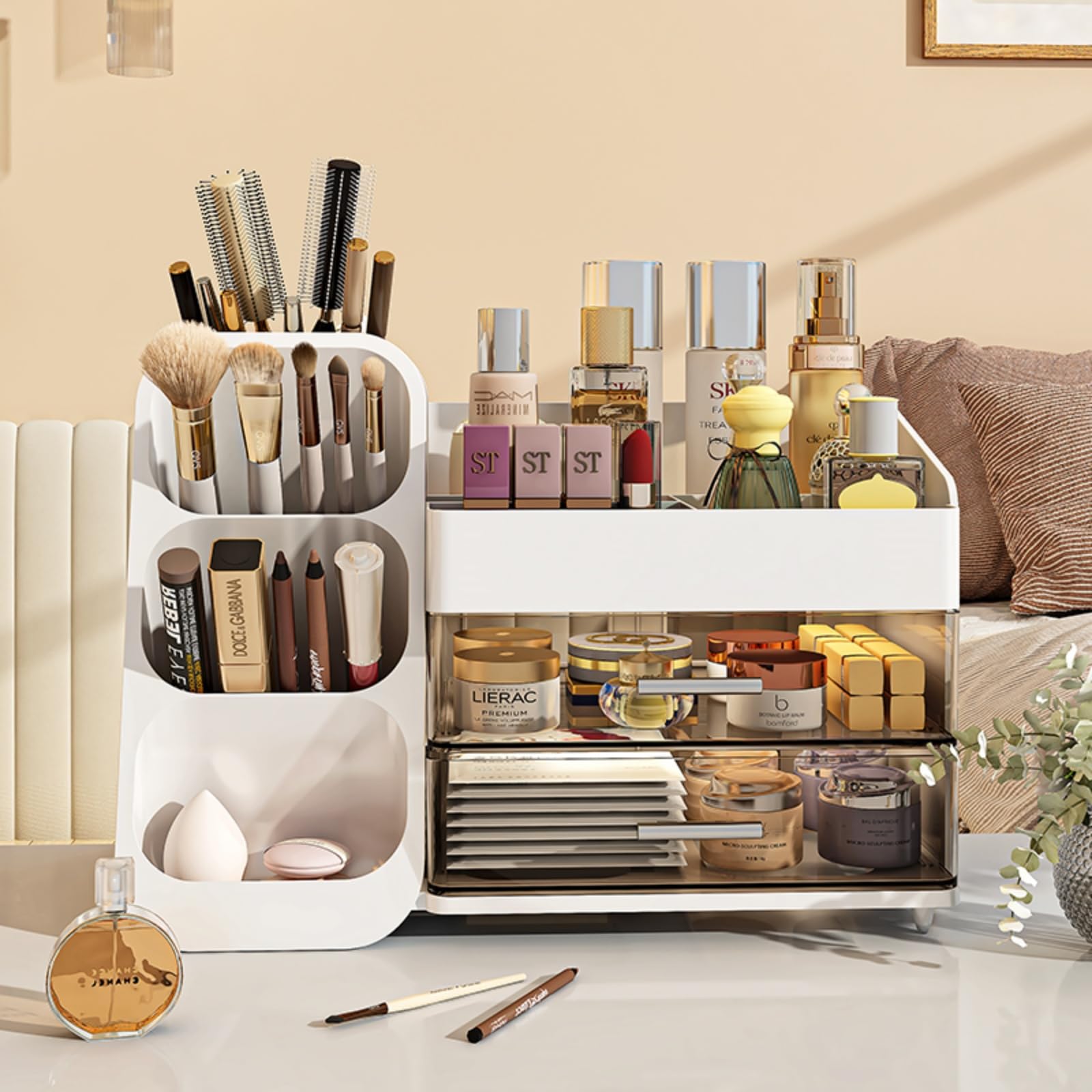 Large Makeup Organizer with Drawers - Spacious Vanity & Bathroom Storage for Cosmetics, Skincare, Brushes, Eyeshadow, Lipstick - Perfect for Bedroom, Dorm & Travel (White)