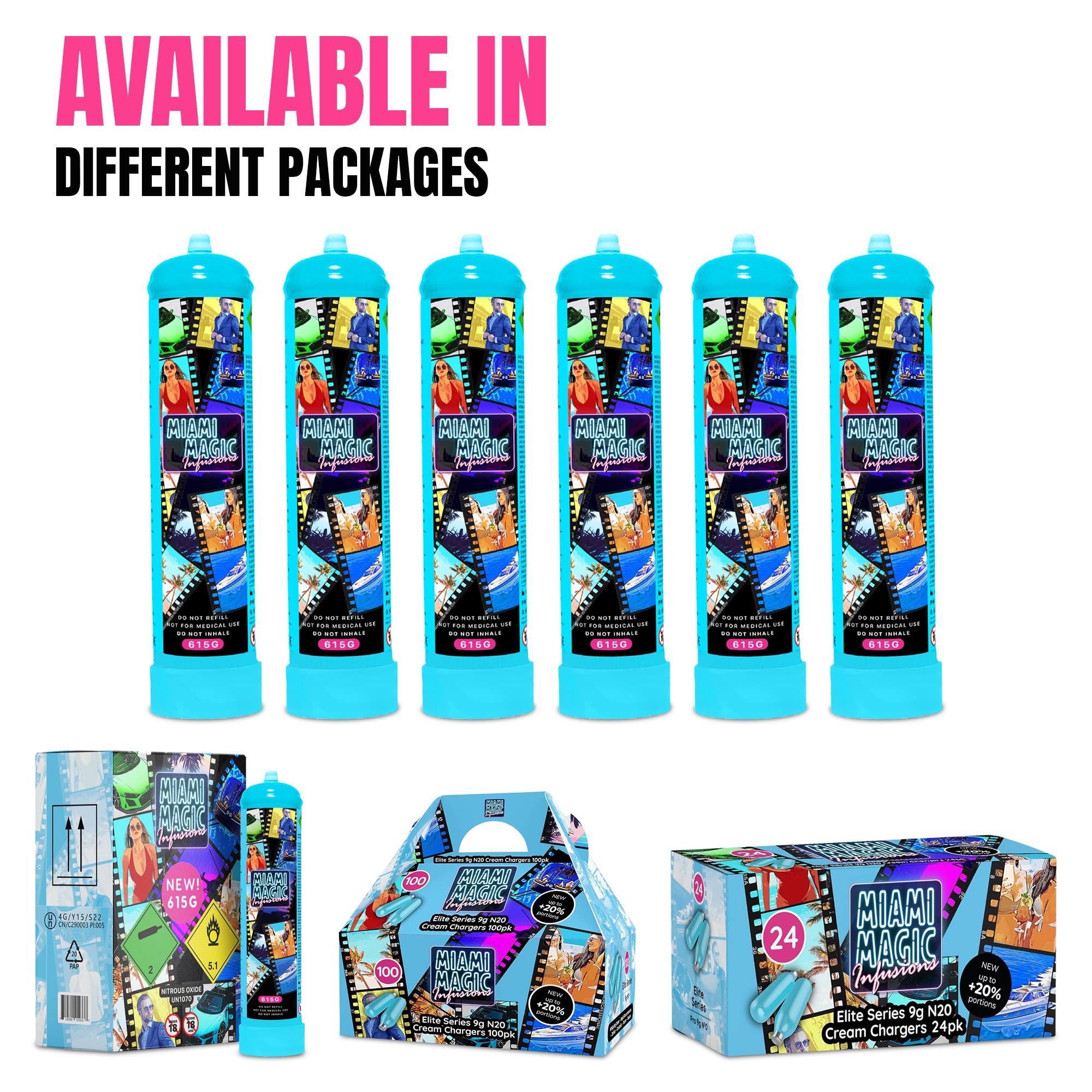 Premium Miami Magic Whipped Cream Chargers - 9g, 600pk (24x25) | Food Grade N2O Culinary Gas Propellant | Works with Standard Cream Dispensers | Perfect for Baking, Coffee, Desserts & Cocktail Decorations | Great for Home Chefs, Baristas & Mixologists