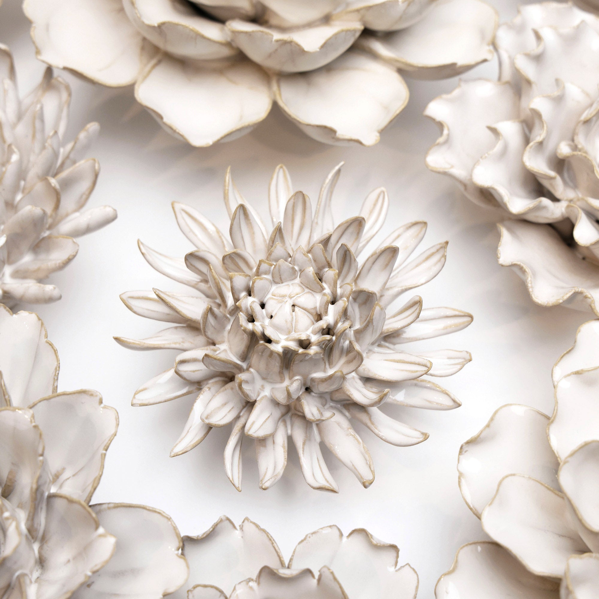 Coastal Ivory Ceramic Wall Hanging Flowers with Keyhole - Perfect for Boho Home Decor, Farmhouse Living Room, and Bedroom Wall Art