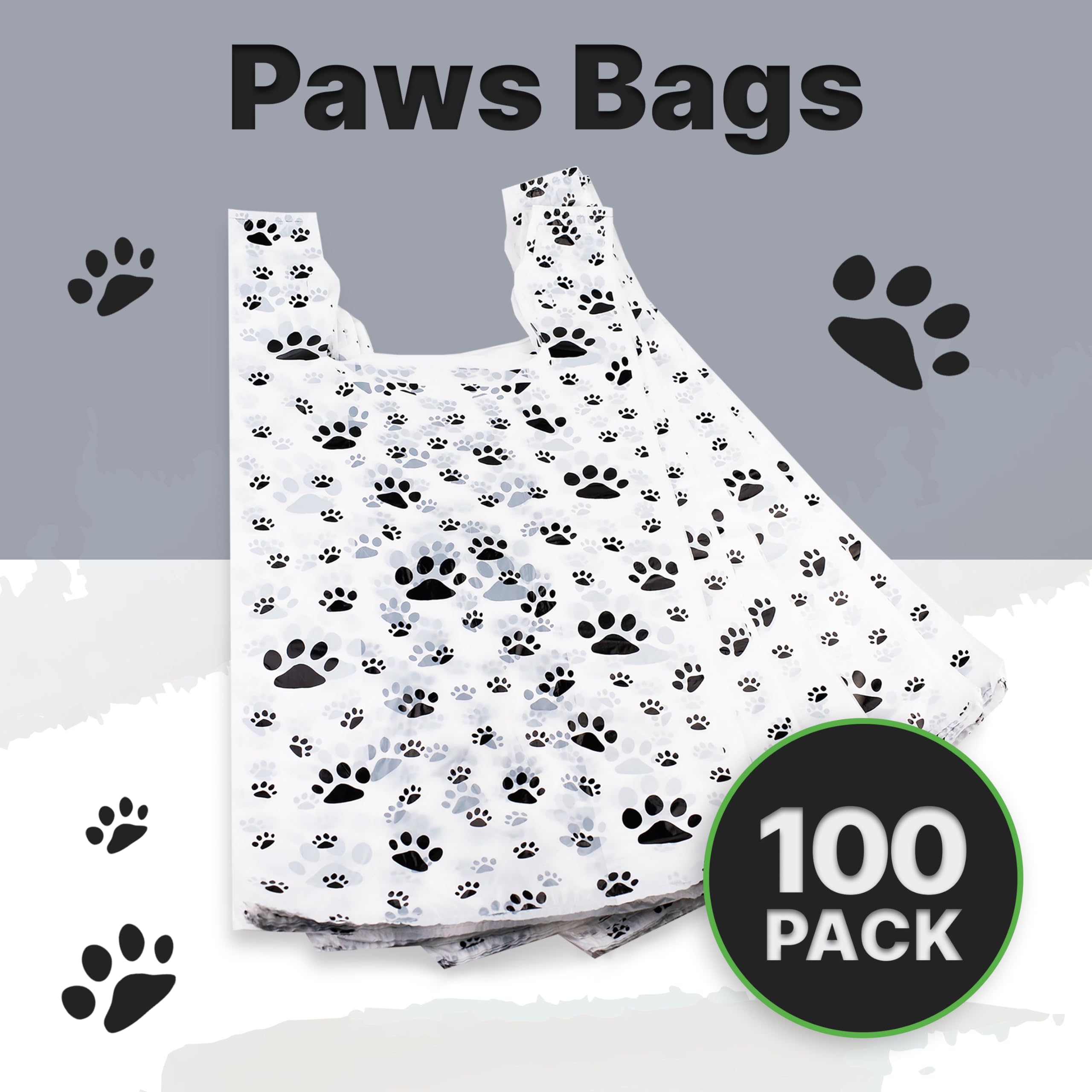 100 Pack Plastic T-Shirt Bags with Paw Print Design - 22