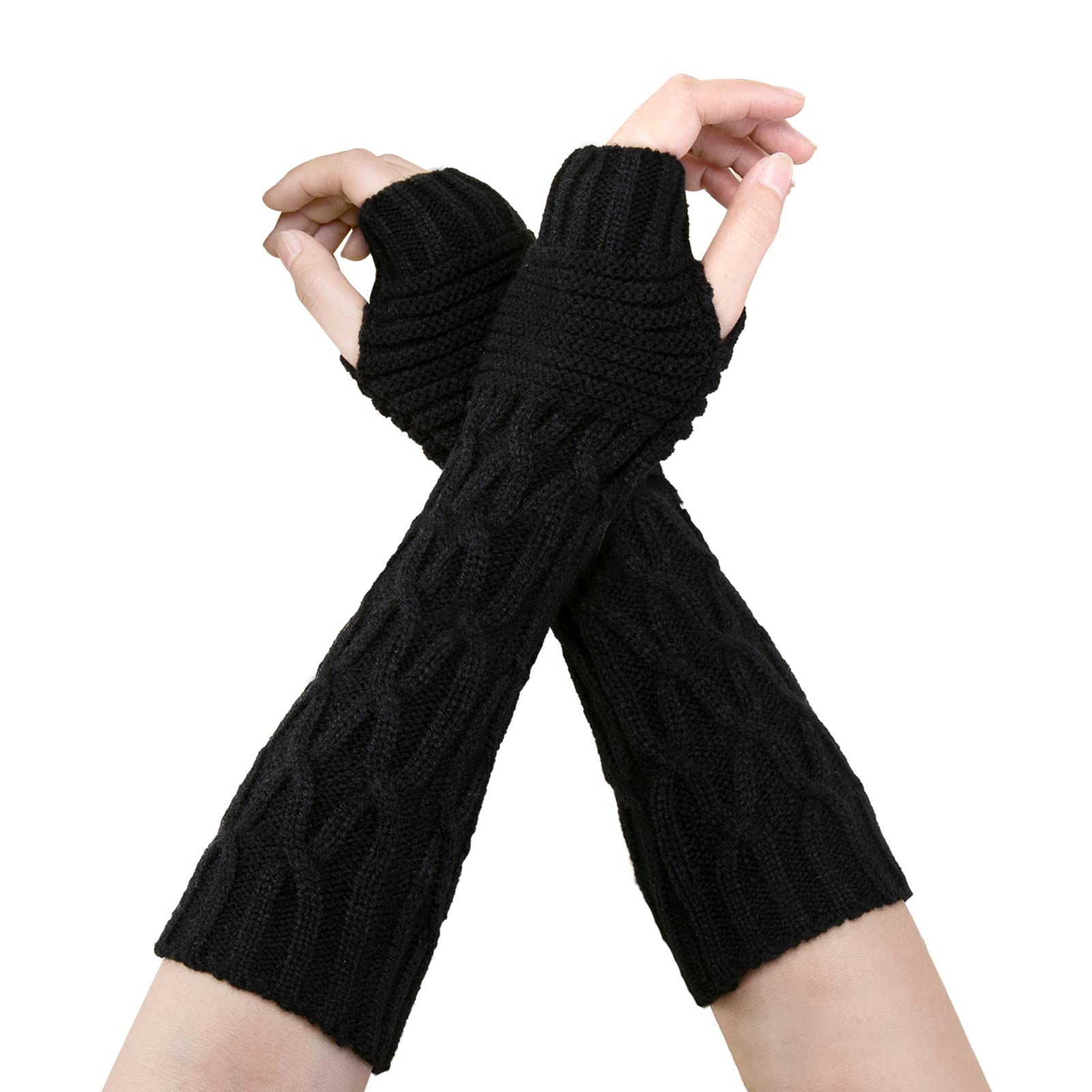 SwirlColor Fingerless Gloves for Women - Thermal Knitted Hand Warmers, Fashion Long Fingerless Gloves with Thumbholes for Winter - Black (Perfect for Outdoor Activities, Driving, Typing & Cold Weather)