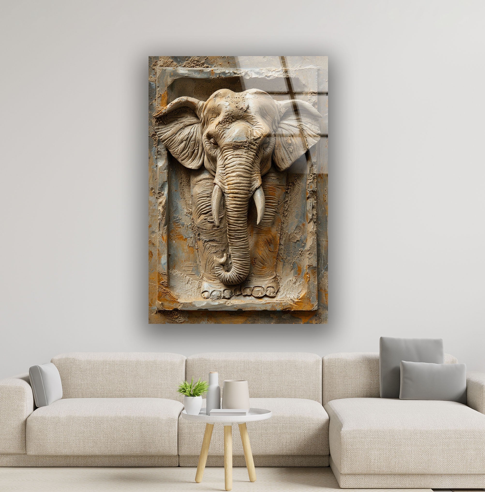 3D Elephant Stone Art Glass Wall Decor - Handmade Modern Home Decor for Living Room, Bedroom, Office - Unique Gift Idea for Animal Lovers