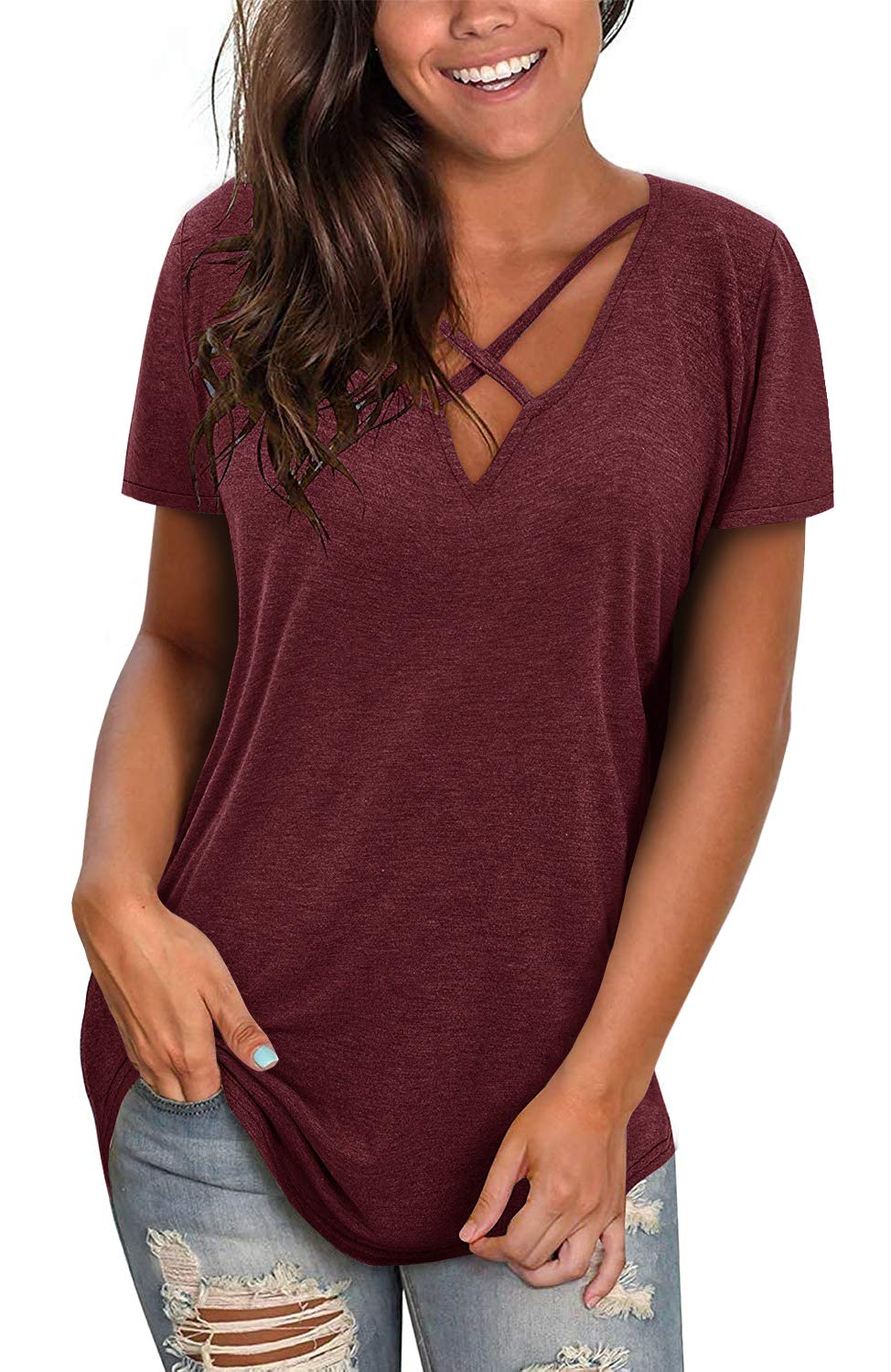 Women's Summer T-Shirts 2023 - Casual Short Sleeve V-Neck Lace Eyelet Top with Criss Cross Design | Sexy Loose Cute Tunic Tee for Beach, Vacation & Everyday Wear