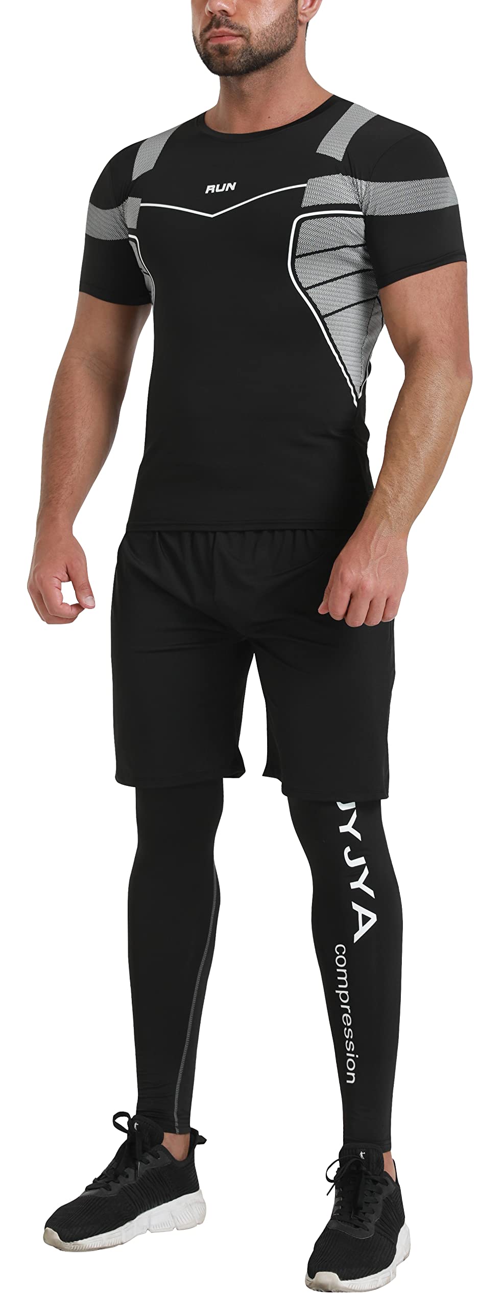 BUYJYA 5-Pack Men's Compression Workout Set - Long Sleeve Shirt & Pants for Gym, Running, Training - Moisture Wicking Athletic Clothing for Men - Perfect for Fitness, Sports & Outdoor Activities