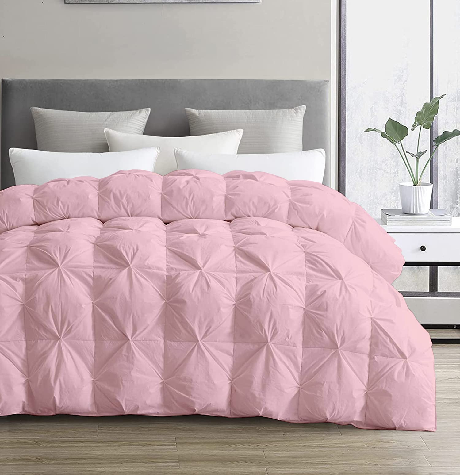 Premium 500 GSM Pinch Pleated Comforter Set - 100% Cotton Baffle Pintuck Design with Corner Tabs | All Season Goose Down Oversized King Comforter & 2 Pillow Shams in Baby Pink | Perfect for Master Bedroom, Guest Room & Luxury Hotel Decor