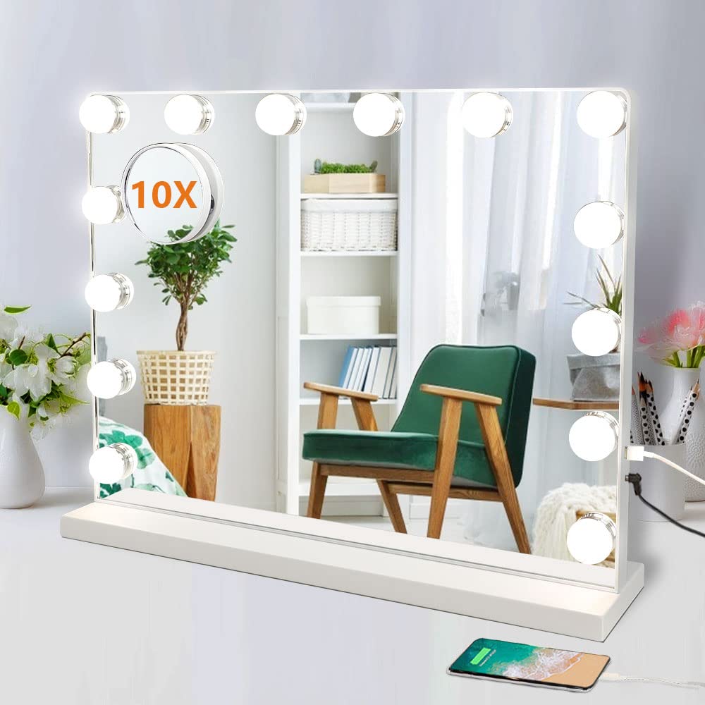 Professional Hollywood Vanity Mirror with LED Lights - 20x16 Inch Dimmable Makeup Mirror with 3 Color Modes & Removable Magnifier - Perfect for Home Beauty Salon, Dressing Room, and Professional Makeup Artists (White)