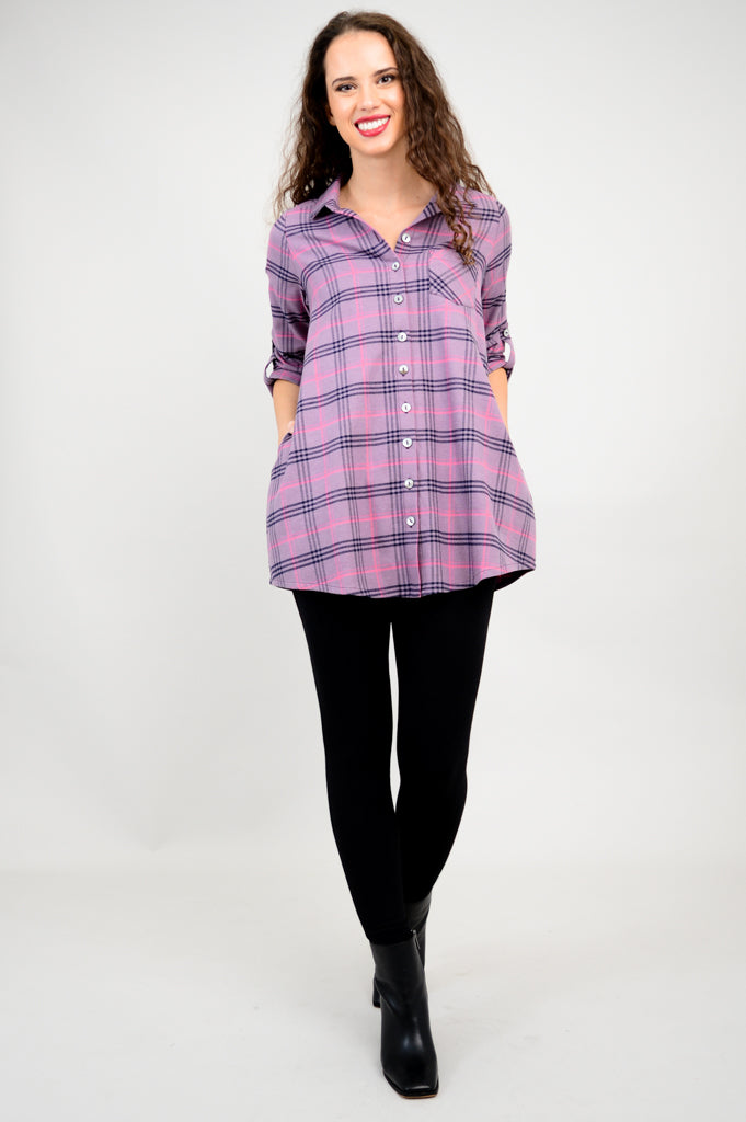 Celine Women's Cotton Flannel Tunic Top - Plum Plaid Print - Casual Long Sleeve Shirt for Fall & Winter Layering