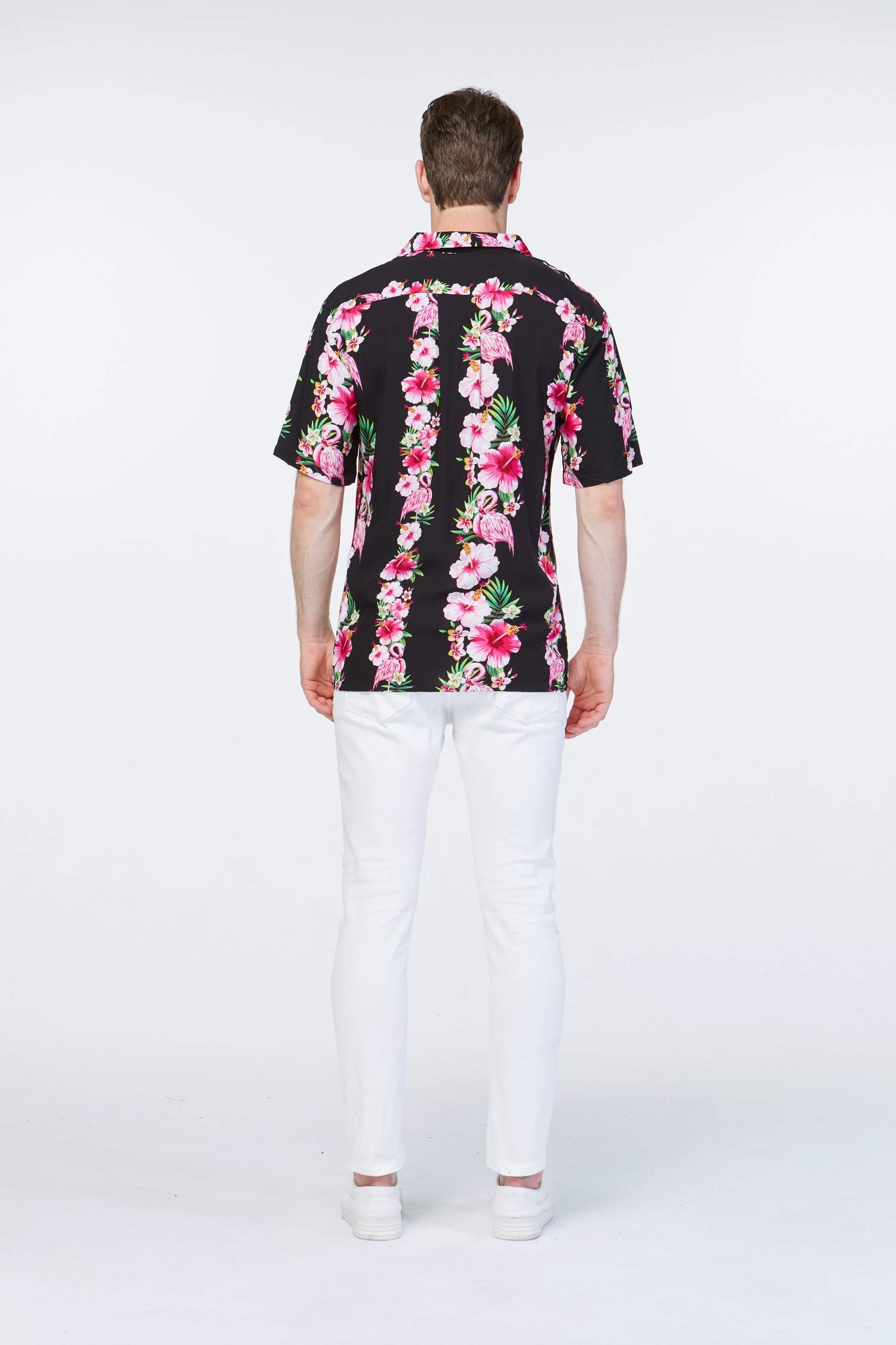 Stylish Matching Couple Hawaiian Luau Shirts & Maxi Dresses - Pink & Black Hibiscus Print for Beach Vacations, Summer Parties & Tropical Getaways