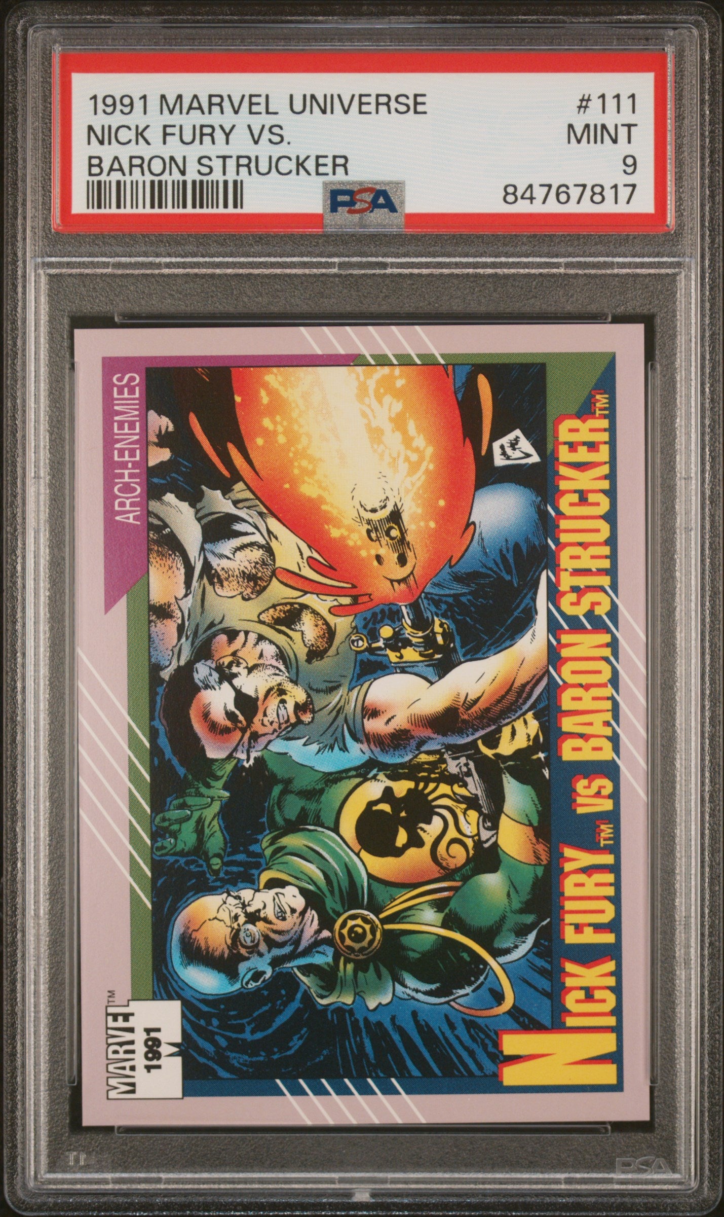 1991 Marvel Universe Nick Fury vs. Baron Strucker #111 PSA 9 NM-MT Trading Card - Rare Collectible for Marvel Fans & Comic Book Enthusiasts - Perfect for Display, Investment & Superhero Memorabilia Collections