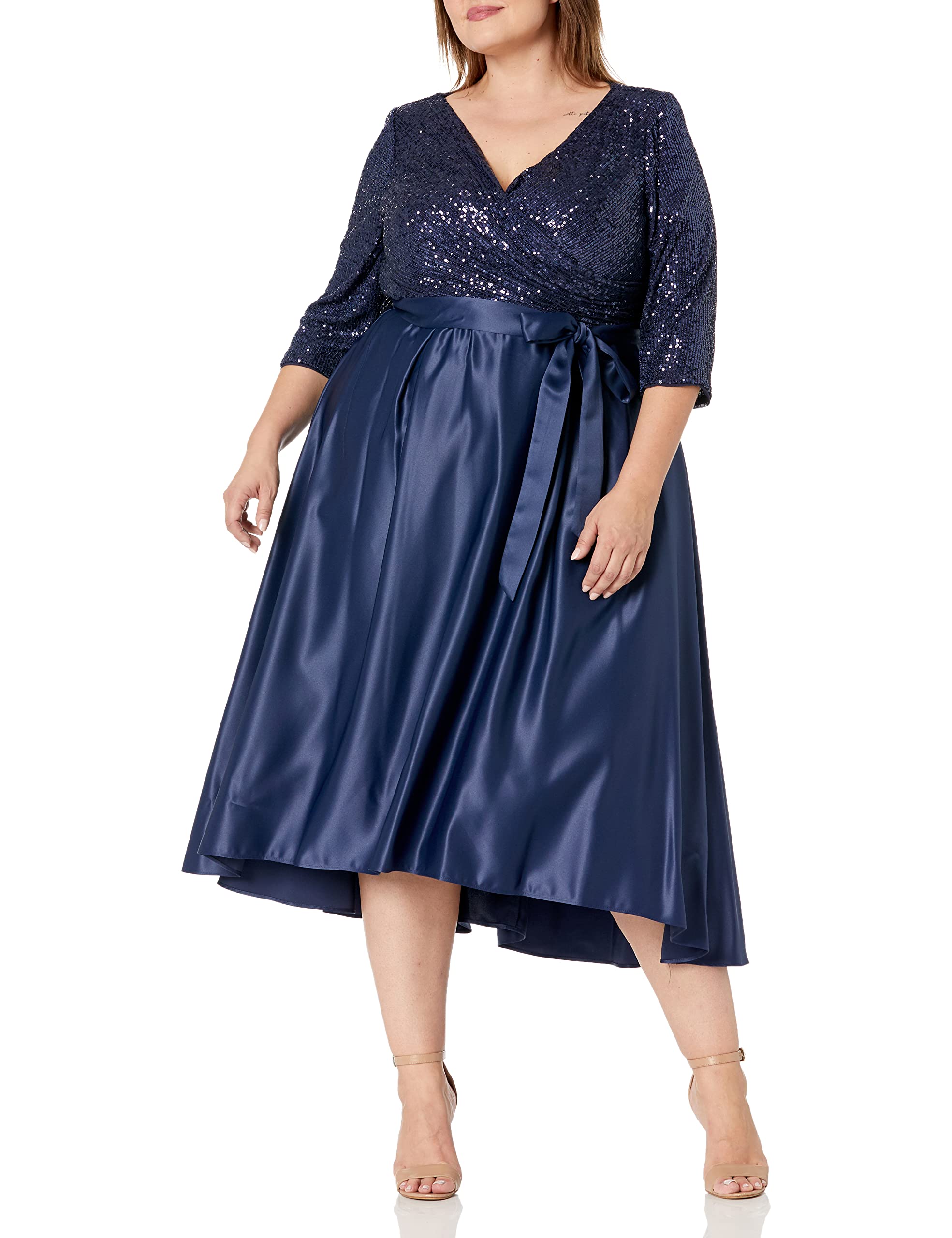 Alex Evenings Women's Plus Size Satin Ballgown Dress with Long Sleeves - Elegant Formal Evening Gown for Weddings, Prom, Black Tie Events & Special Occasions