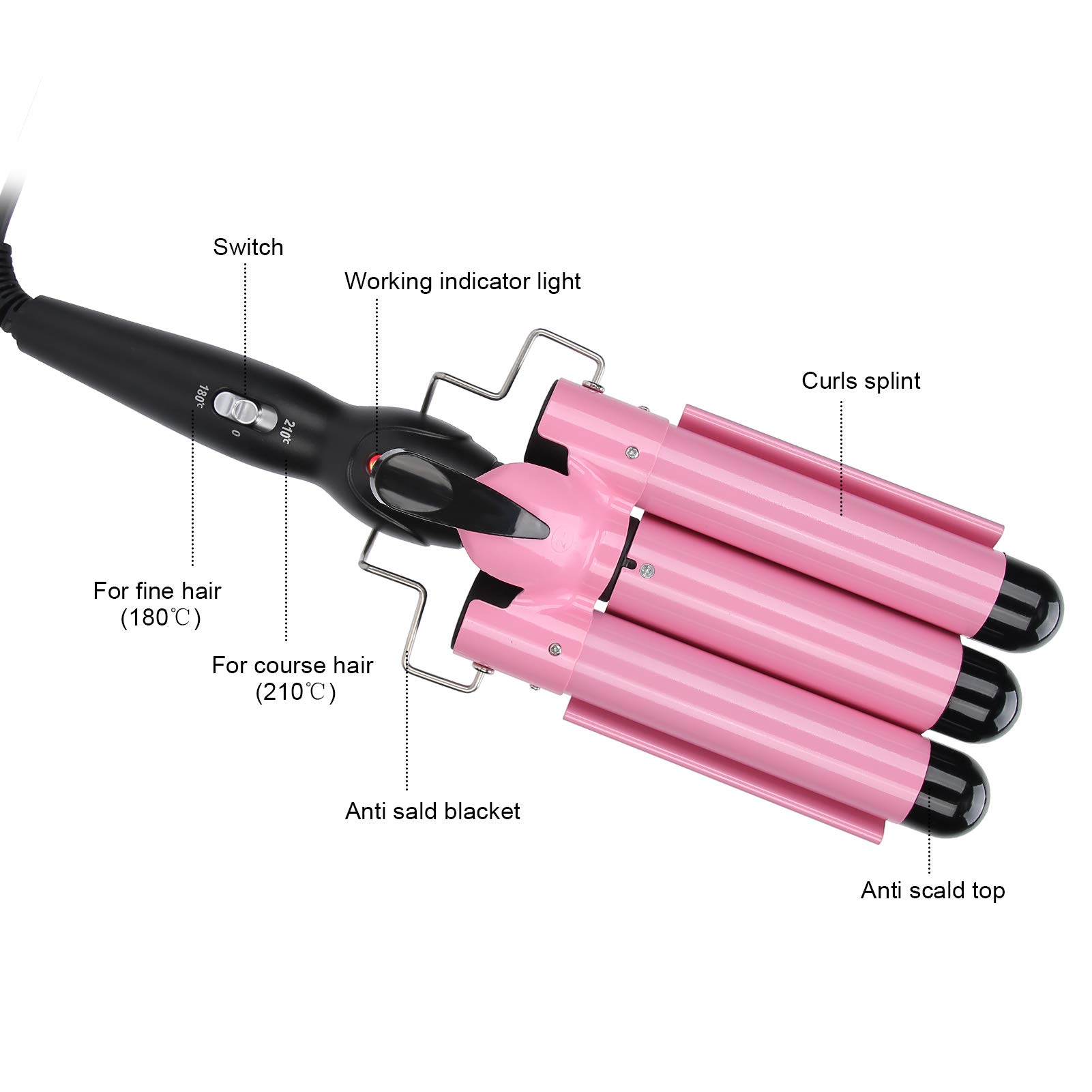 3 Barrel Hair Crimper & Curling Iron - Fast Heating Electric Hair Waver Styling Tool (28mm) for Beach Waves & Party Hairstyles - Golden Hair Curler for Women & Girls