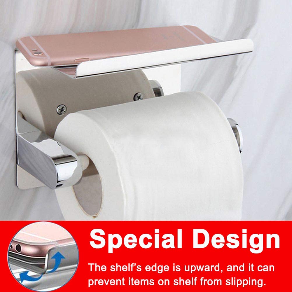Stainless Steel Toilet Paper Holder with Phone Shelf - Wall Mounted Bathroom Tissue Roll Holder for Mega Rolls - Polished Chrome Finish - Perfect for Home, Office, and RV Bathrooms