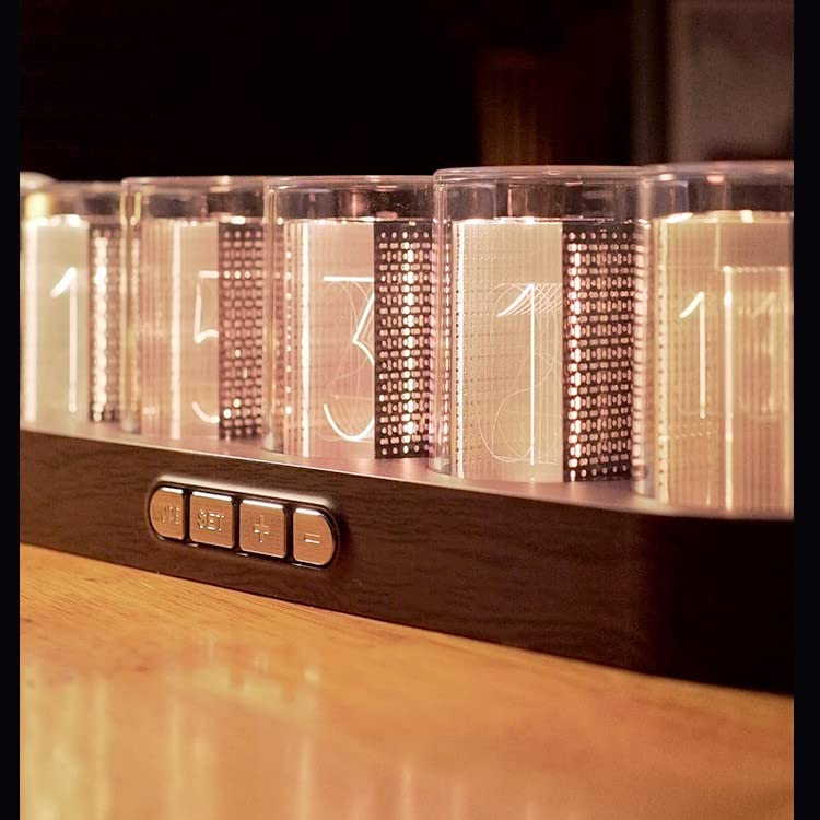 Adventurers Simulation Nixie Tube Clock - RGB LED Desk Clock with Wooden Base, 24-Hour Display | Perfect for Computer Monitor Decor & Bedside Table in Bedroom, Home Office, Gaming Setup