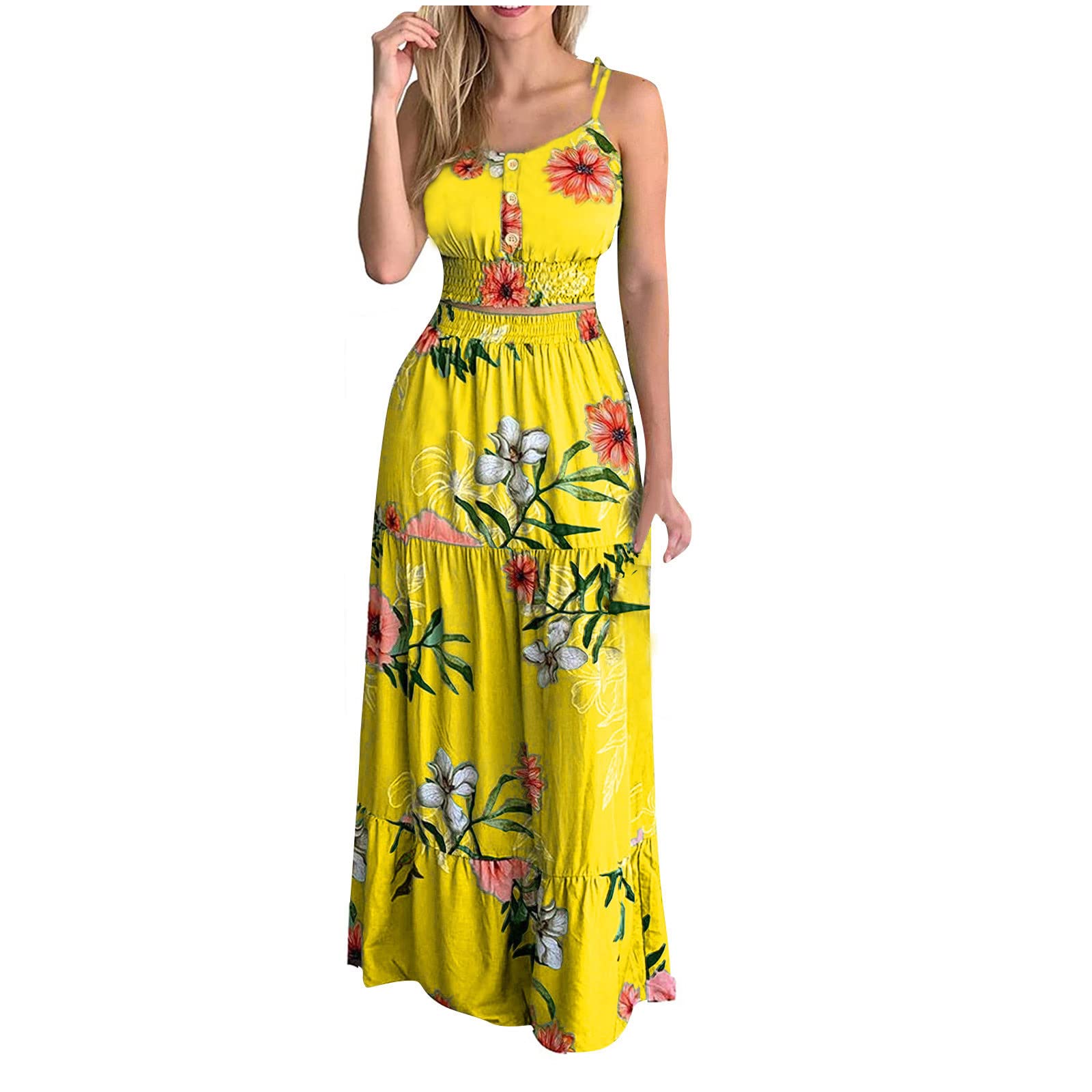 Women's Sexy Summer Two Piece Outfit - Floral Print Crop Top & Long Skirt Set with Button Details | Sleeveless Camisole & Maxi Skirt Combo for Beach Vacation, Date Night & Casual Outings