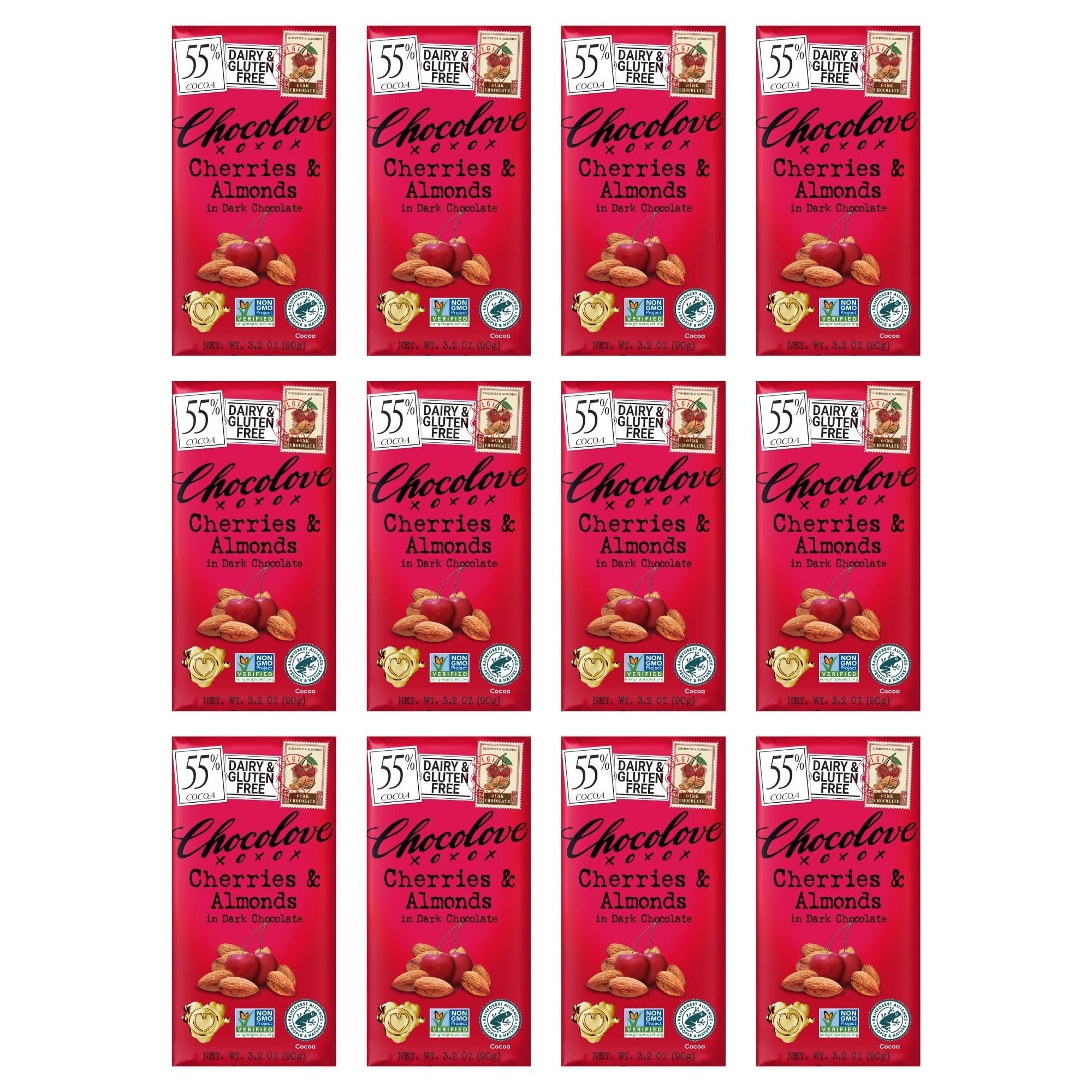 Premium Chocolove Dark Chocolate Bars with Cherry & Almond - 3.2oz (12-Pack) | Gourmet Gift, Healthy Snack & Dessert for Holidays, Parties & Everyday Indulgence