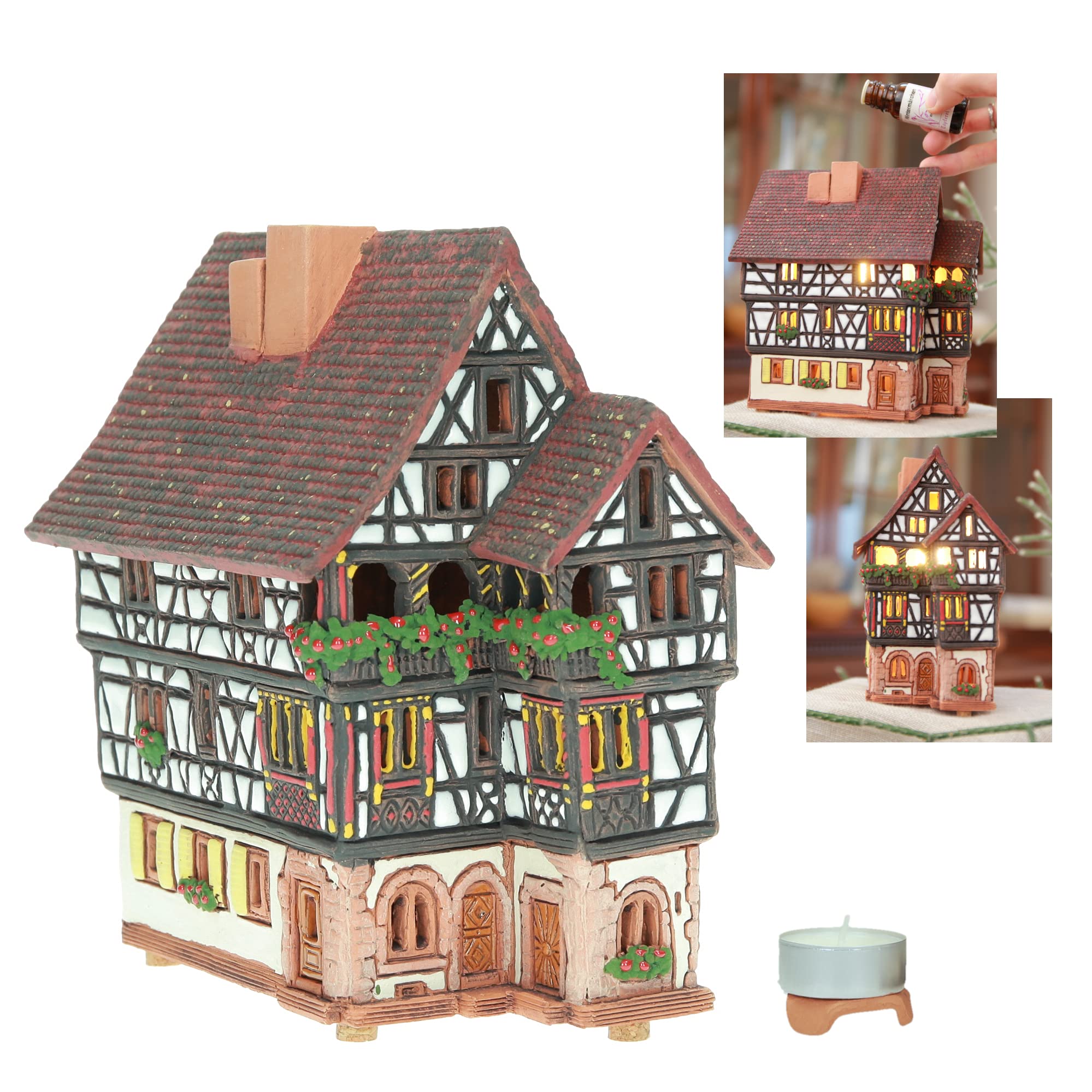 Ceramic Tea Light Candle Holder - Miniature House Replica of Historic Kaysersberg Home | Christmas Village Decor, Essential Oil Burner & Cozy Home Decoration for Holidays, Weddings and Relaxation