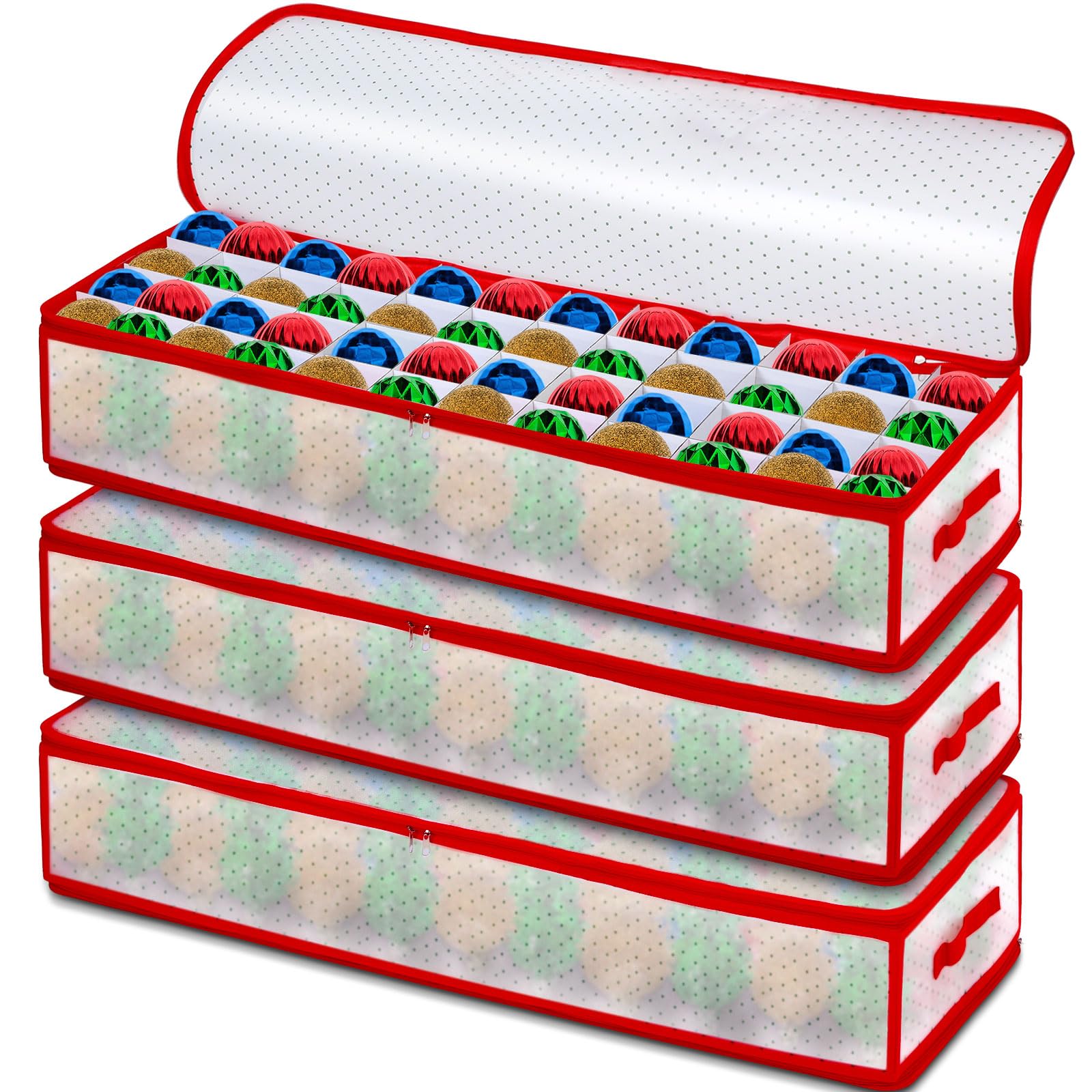 3-Piece Christmas Ornament Storage Box Set - 3 Inch Holiday Ball Organizer with 2-Tier Design, Holds 96 Xmas Decorations - Durable Dual Zipper Plastic Storage Bags for Holiday Decor Organization (Perfect for Tree Ornaments, Glass Baubles & Festive Home Decor Storage)