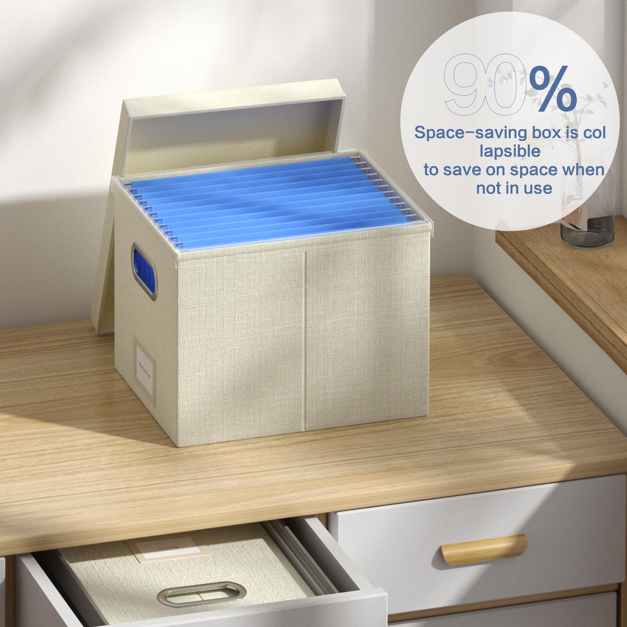 3-Pack Beige Hanging File Organizer Box with Lid - 13.2 x 10.1 x 10.1 Inch Decorative File Storage Box for Office, Home & School - Durable Plastic Frame Hanging Folder Organizer for Documents & Papers