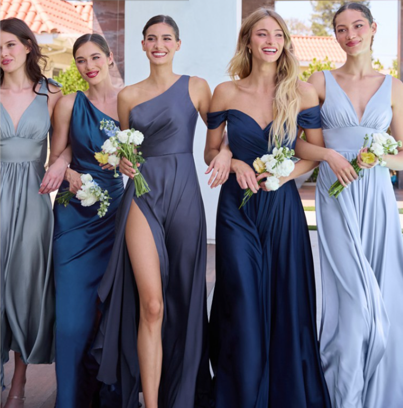 Elegant Dusty Blue Maggie Midi Dress - Soft Satin A-Line Tea Length Dress for Women | Perfect for Weddings, Parties & Special Occasions